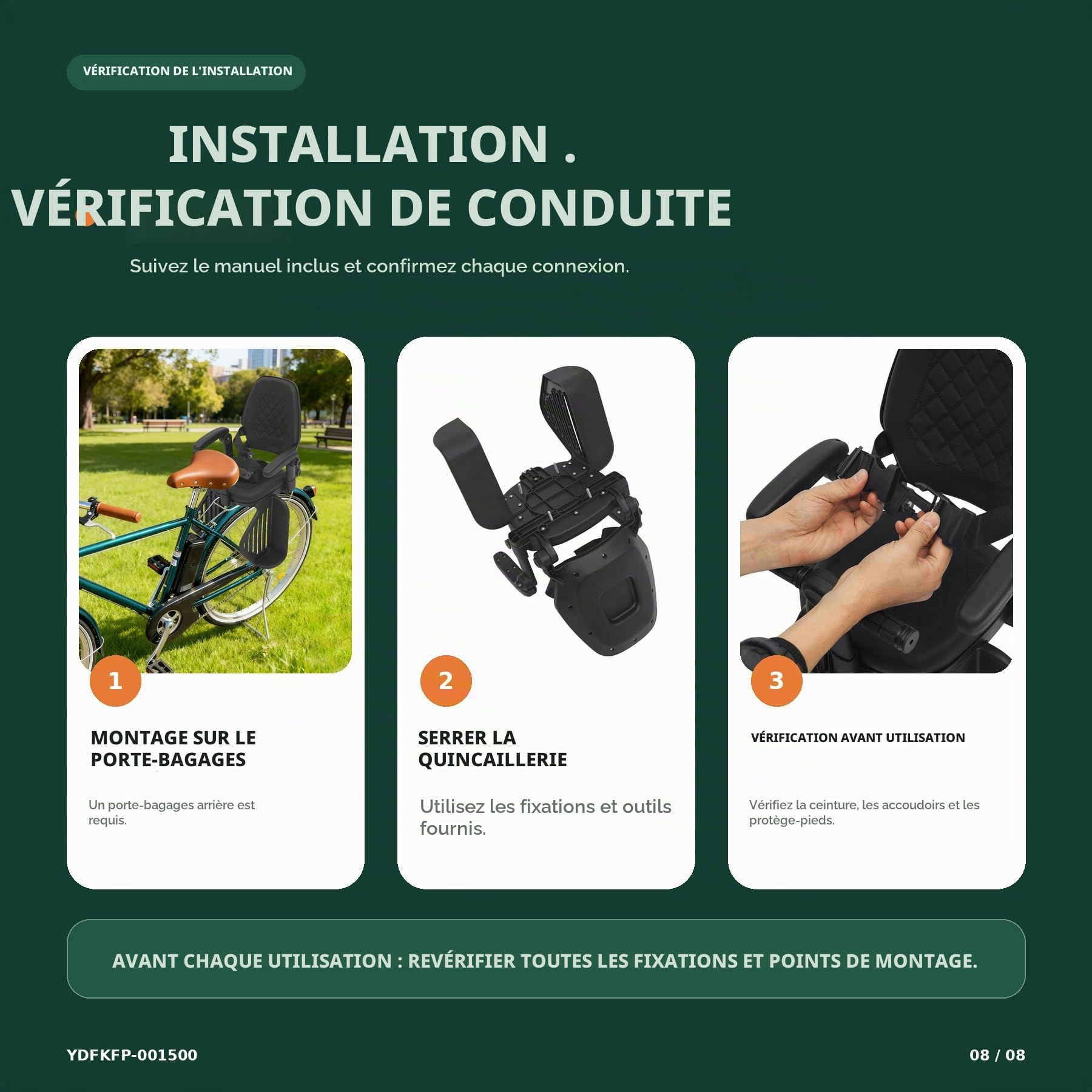 Siège enfant de vélo, siège enfant de vélo arrière, jusqu'à 50 kg, dossier haut avec 3 positions de réglage, ceinture de sécurité à 5 points et grande repose-pieds, pour enfants de 8 mois à 8