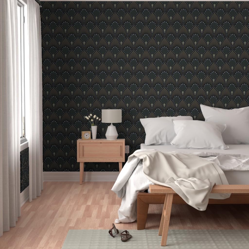 Peel & Stick Wallpaper 3ft x 2ft - Art Deco Fan Black Green Brown Gold Geometric Dots Custom Removable Wallpaper by Spoonflower