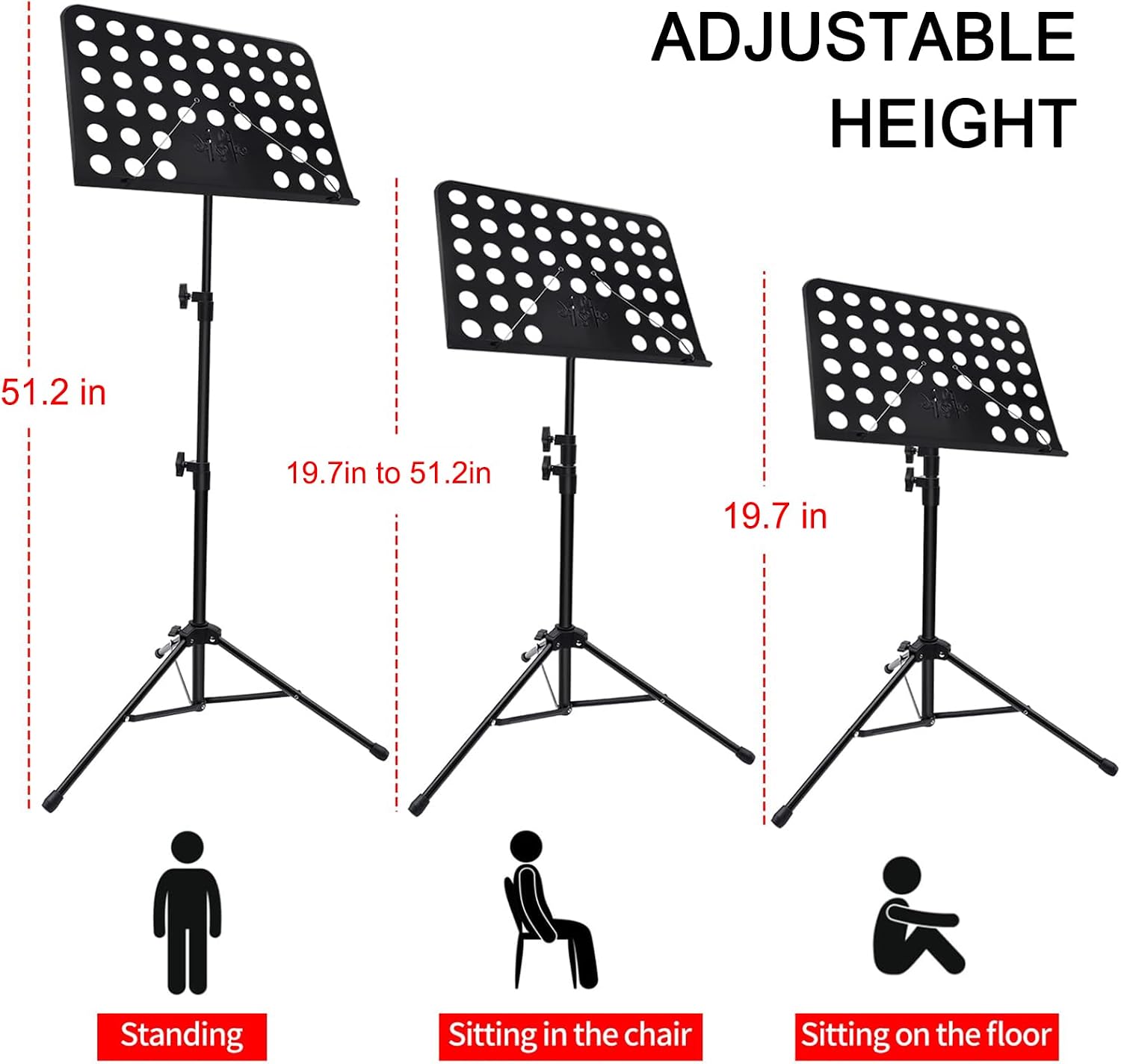 Music Stand, Portable Perforated Music Stand with Music Sheet Clip, Height-Adjustable, Metal, Music Book Holder, Foldable Tripod, Stable, for Playing Musical Instruments an,
