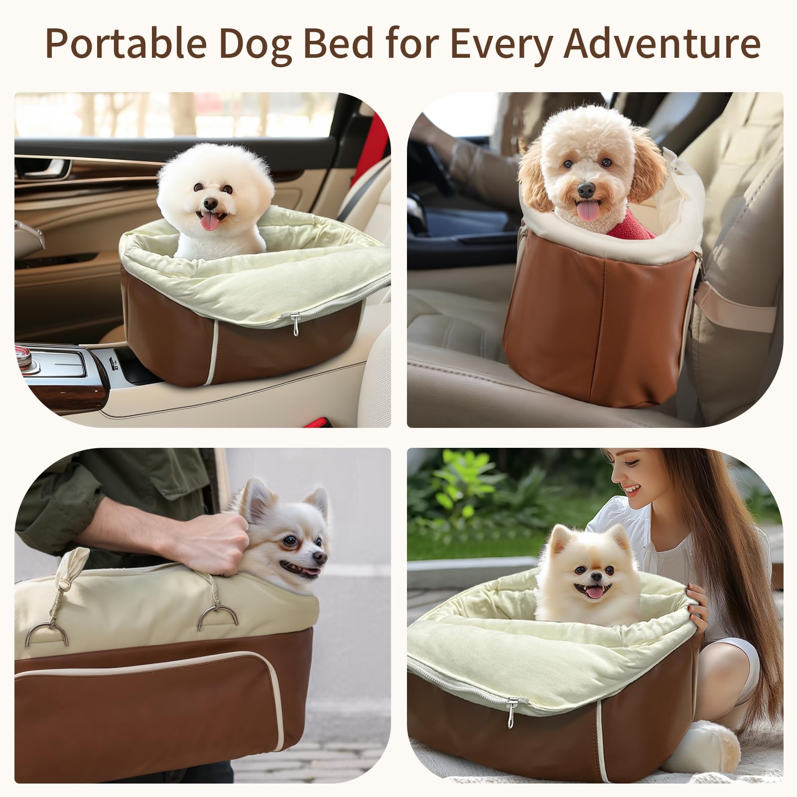 Asiento de coche para perros pequeños, asiento elevador portátil con cinturón de seguridad, base antideslizante y bolsillos de almacenamiento, se adapta a perros de hasta 11 libras (cuero