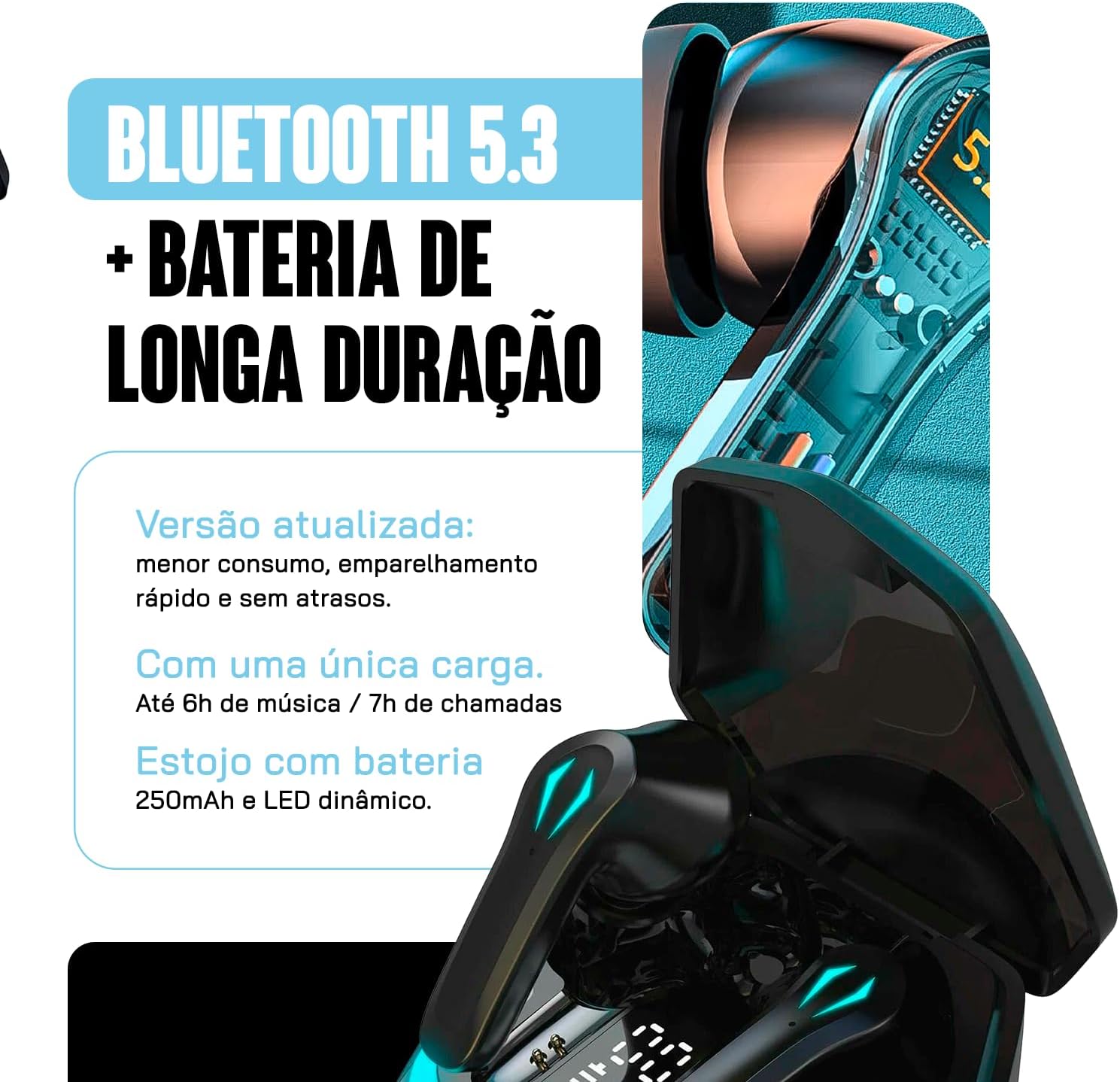 Fone de Ouvido Bluetooth Gamer TWS com LED e Microfone – Sem Fio, Esportivo, Compatível com Celulares Android e iOS – Ideal para Academia e Caminhada (PRETO)