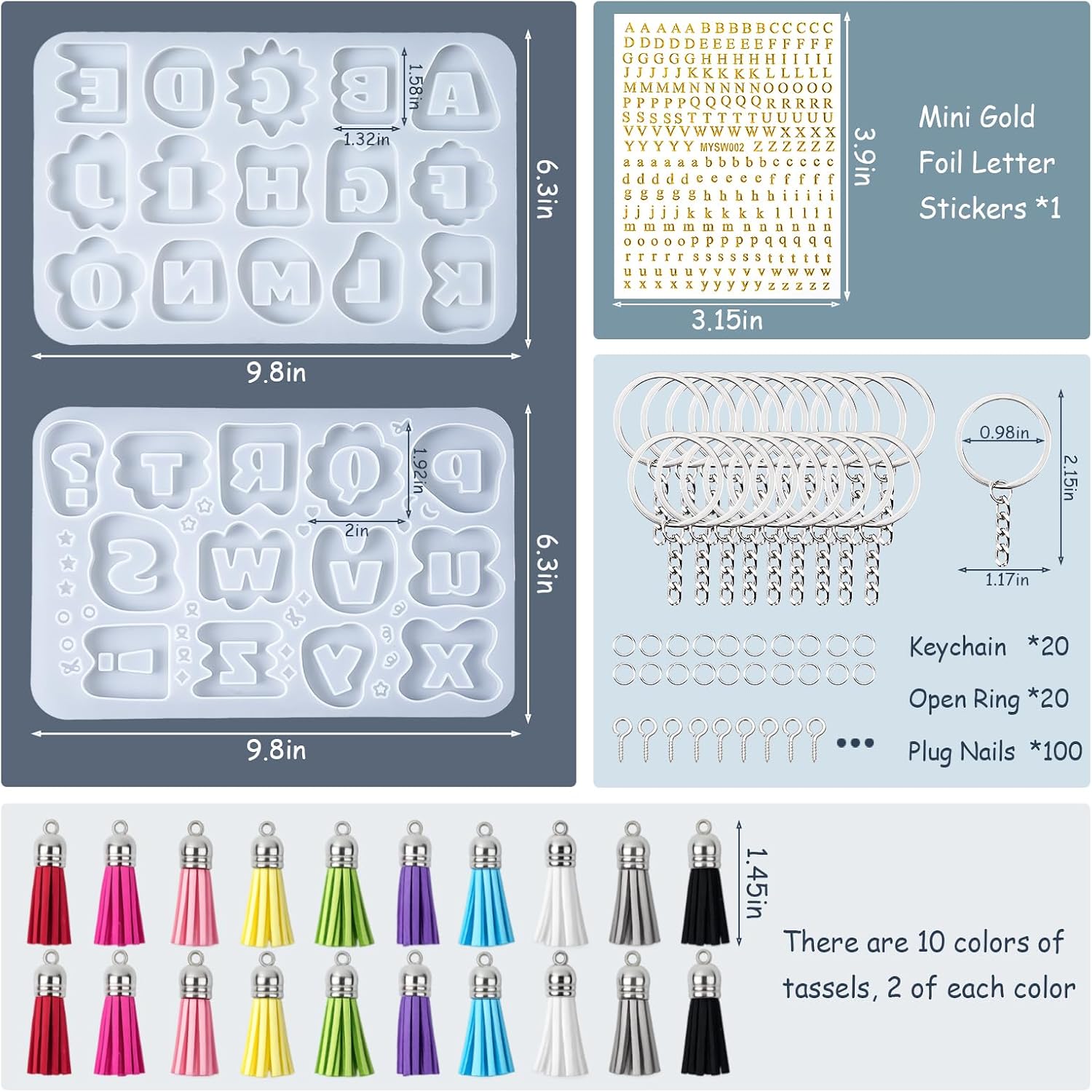 2 Pcs Alphabet Keychain Resin Molds, A-Z Letter Silicone Mold Kit