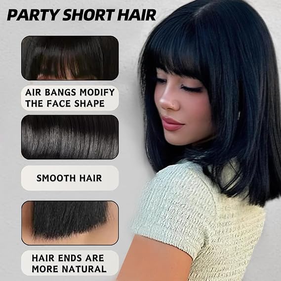 Black Bob Wig For Women,Straight Black Wigs With Bangs, Short Hair Bobs For Cosplay, Parties, And Halloween Shoulder Length