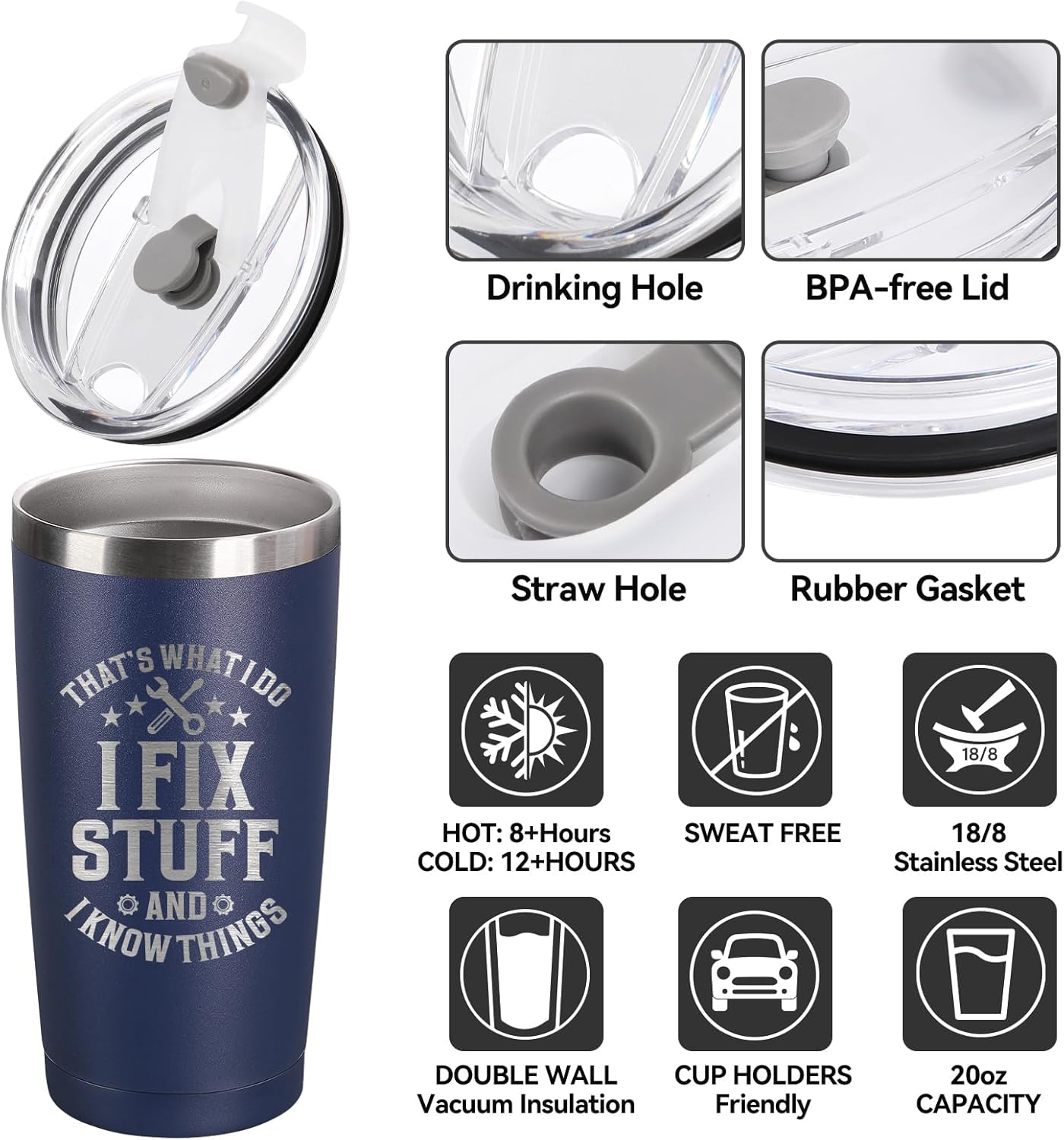 Father's Day Gift for Dad, Grandpa, Husband & Mechanics – 20oz Navy Blue Tumbler | I Fix Stuff & I Know Things - Funny Christmas Birthday Gift for Men | Dad Gifts - Image 5