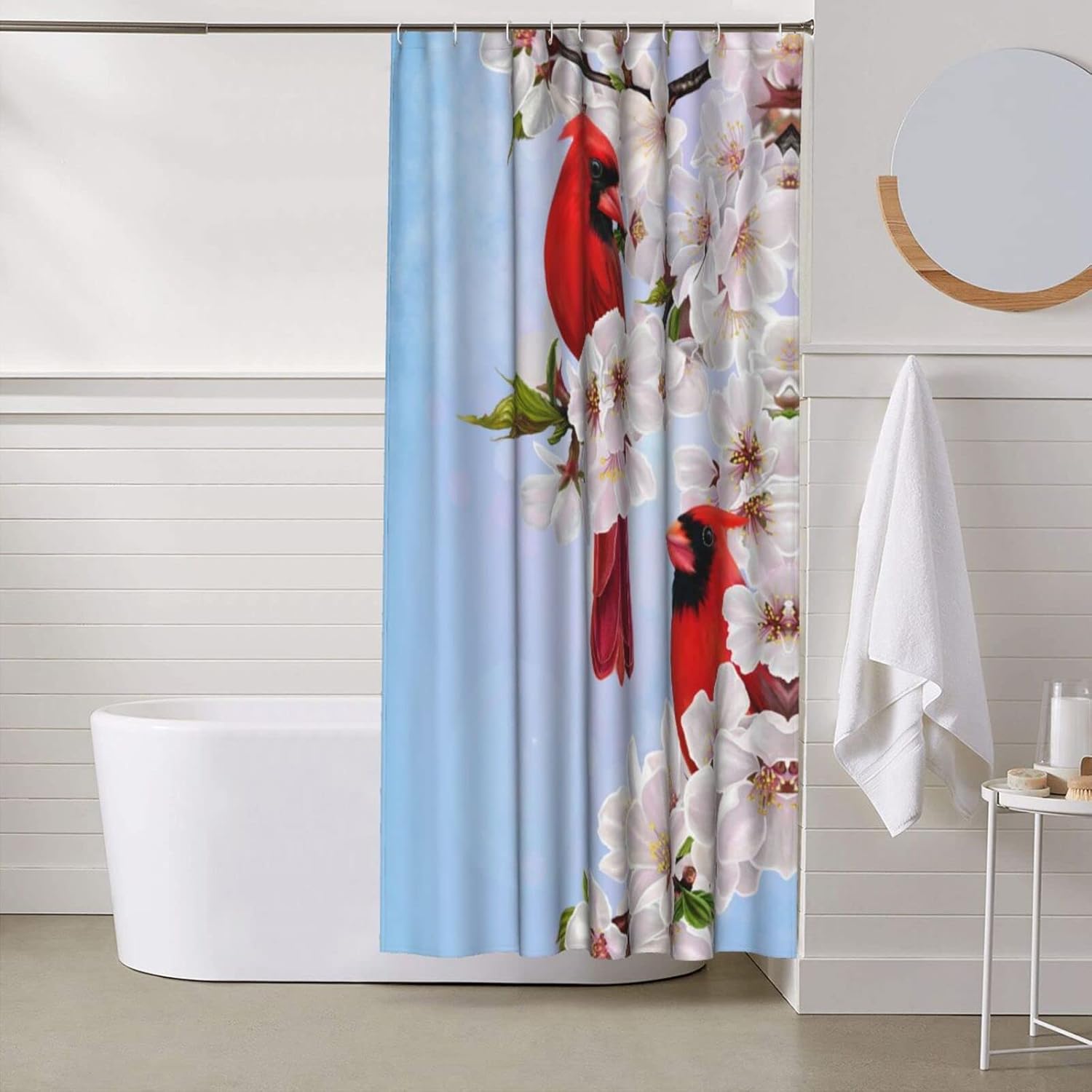 Fiokroo Red Cardinal Birds Cherry Flowers Shower Curtain 60x72in Waterproof Polyester Fabric Bath Curtain with 12 Hooks, Shower Curtains Sets for Home Bathroom Decor