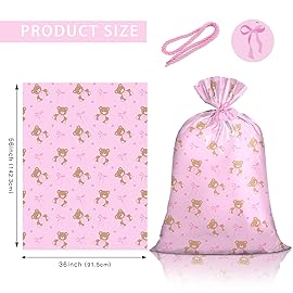 Loveinside Jumbo Large Plastic Gift Bag, Pink Adborble Bear and Bow Design Plastic Bag with Tag and Tie for Baby Shower Girl\'s Birthday and Party Favo - 56 x 36, 1 Pcs - Bear Bow