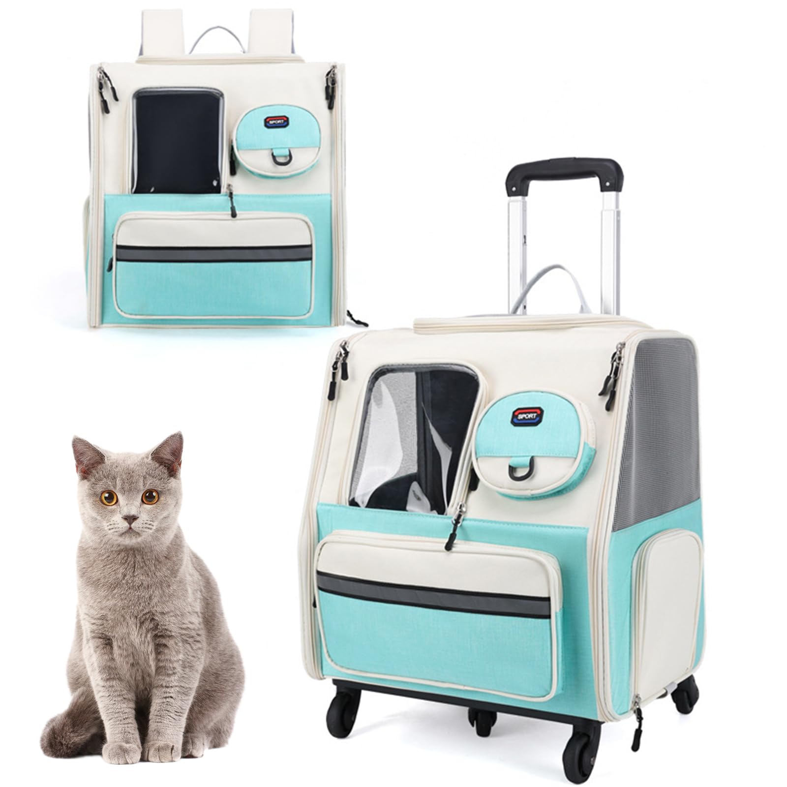 Transportin Gato con Ruedas Y Varilla Telescópica, Mochila Perro Transpirable Y Impermeable, Transportin Perro con Arnés Interno, Mochila Gato Carga Máxima 8Kg Maleta Trolley,Verde