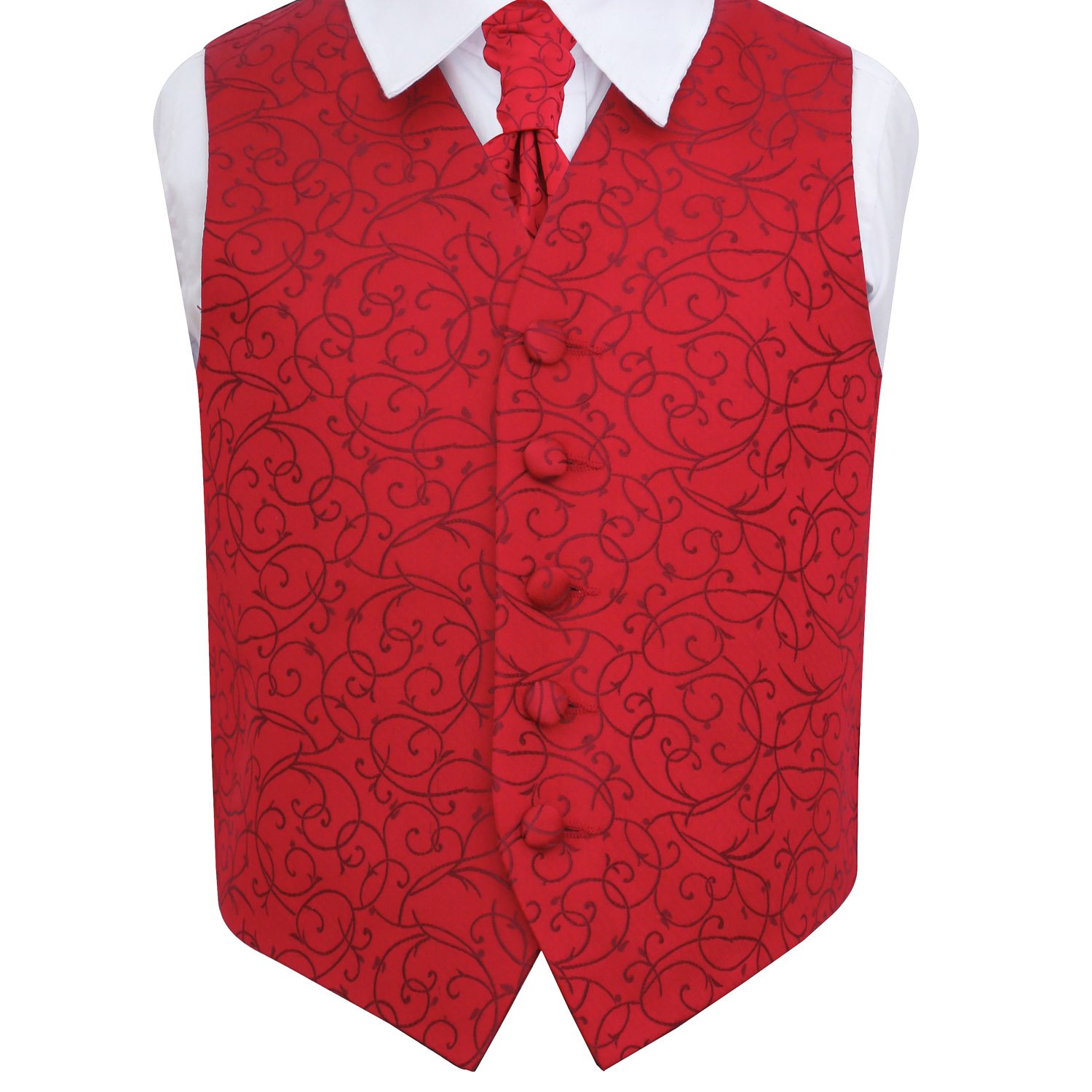 DQT Boys’ Swirl Floral Jacquard Wedding Waistcoat & Cravat Set for Page Boy and Formal Suit - Burgundy 13-14 Years 34"