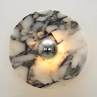 Round Alabaster Wall Sconce Natural Marble Wall Light LED Warm Light Bathroom Vanity Light Fixture Circular Stone Wall Light Hardwired for Living Room Bedrom Dining Room Hallway