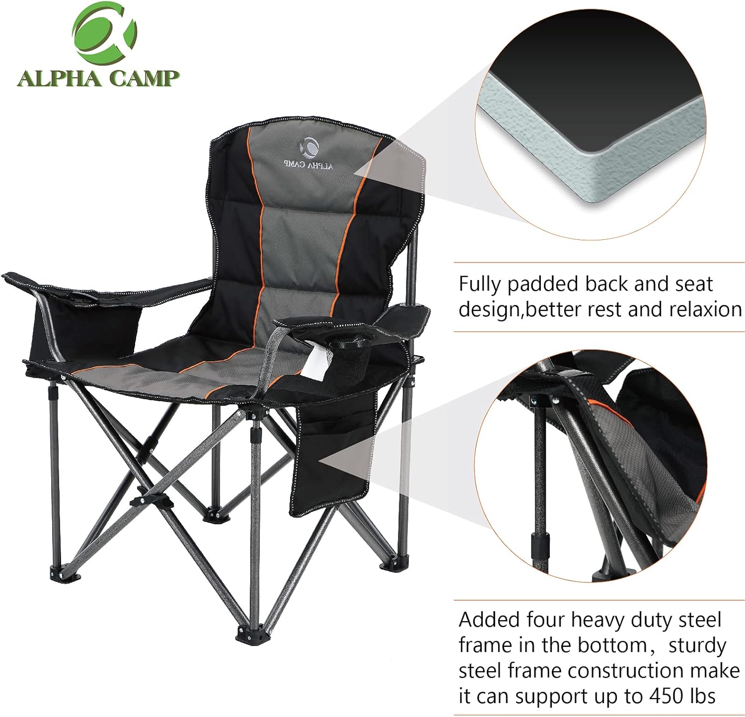 ALPHA CAMP Oversized Camping Folding Chair Heavy Duty Support 450 LBS Oversized Steel Frame Collapsible Padded Arm Chair with Cup Holder Quad Lumbar Back Chair Portable for Outdoor : Sports & Outdoors