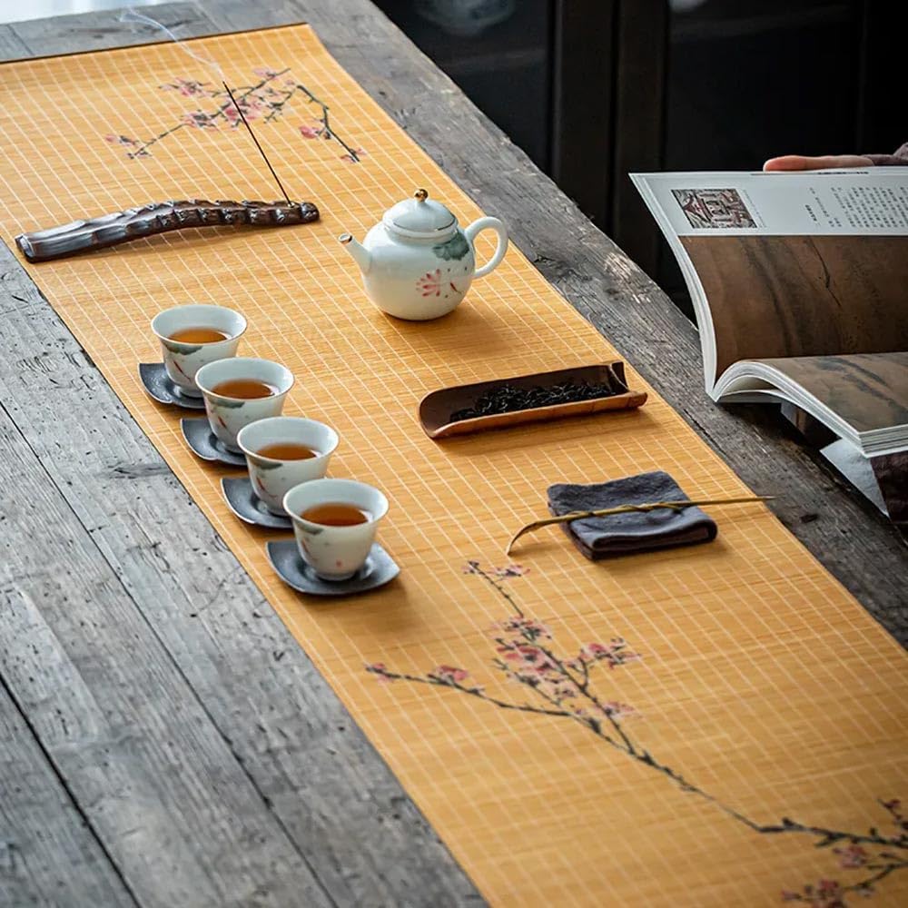 Generic Asian Style Bamboo Table Runner, 12""x53"" Zen Lotus Chinese Calligraphy Paintings Table Mat for Kitchen Dining Bedroom Decoration (Plum Bossom)