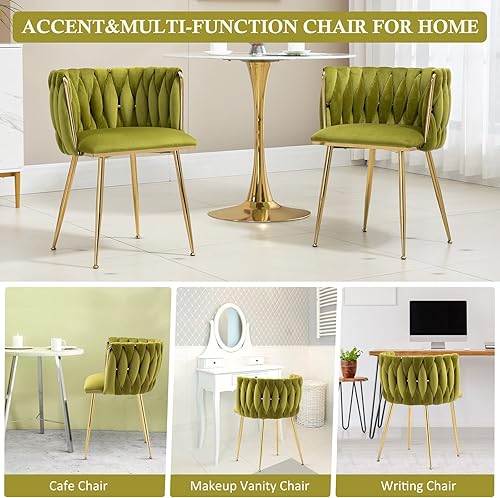 Miniatura 6 de NIOIIKIT Sillas de comedor modernas de terciopelo que tejen a mano, sillas de sala de estar, sillas laterales tapizadas con patas de metal dorado