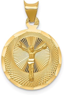 14k Yellow Gold Pendant with Detailed Christ Figure, Radiant Medallion Symbolizing Resurrection and Faith, Textured and Polished Christian Necklace for Men or Women, Catholic Religious Jewelry