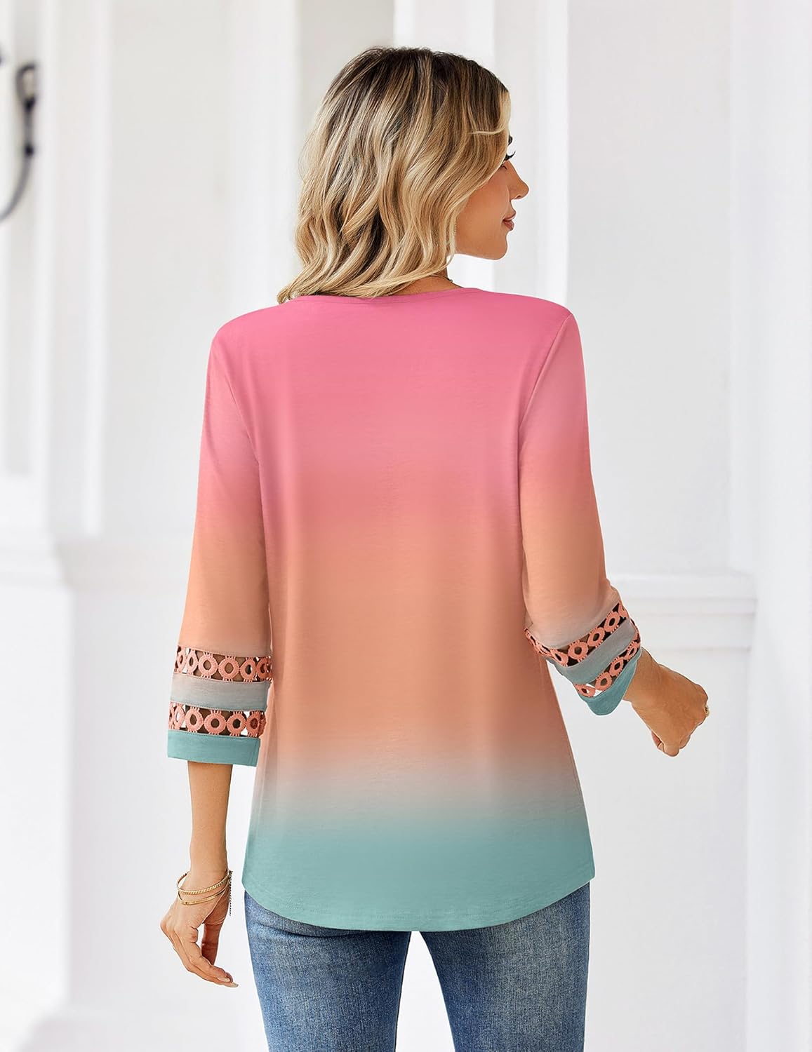 Zeagoo 3/4 Length Sleeve Womens Tops V Neck Dressy Casual Blouses Trendy Eyelet T Shirts Work Clothes S-XXL - Image 5