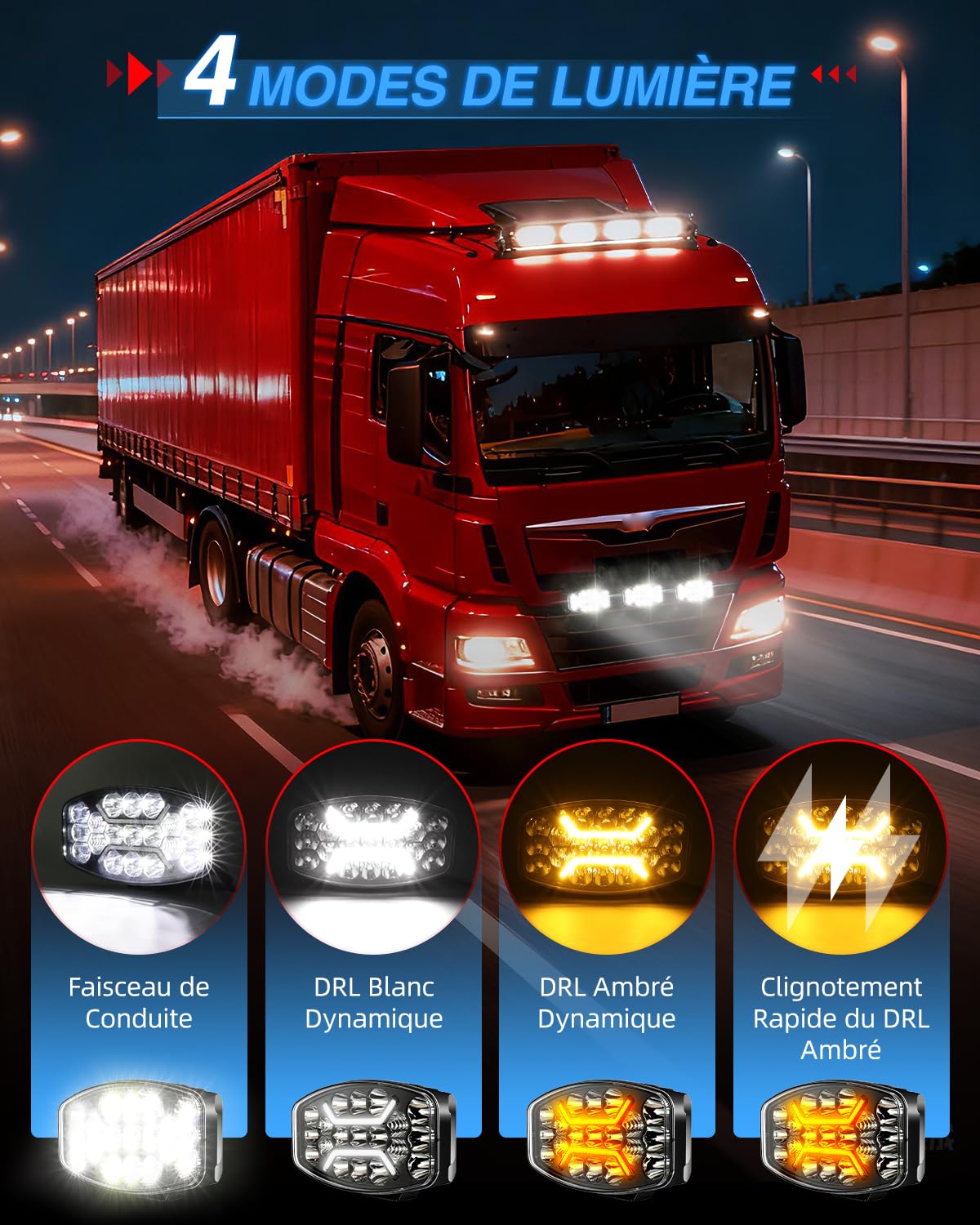 BraveWAY 2PCS 75W Phare De Travail LED Rond avec Feux De Jour Ambres Blancs Clignotement Rapide, 6500K 3500K IP68 Phare Longue Portée LED Camion 12v 24v pour Voiture, Camion, Tracteur