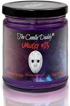 Unlucky #13 - Black Bouquet Scented Horror Movie Candle - Halloween 6 Oz Jar Candle - 40 Hour Burn Time