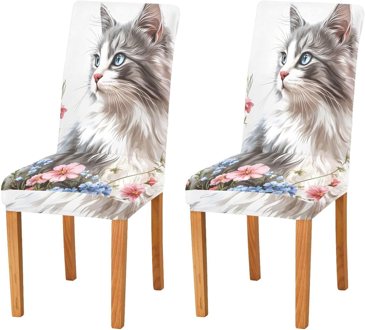 ALAZA Chair Covers for Dining Room, Black and White Cat Flower Stretch Chair Cover Sets Chair Protector Removable Washable for Ktichen Restaurant Hotel