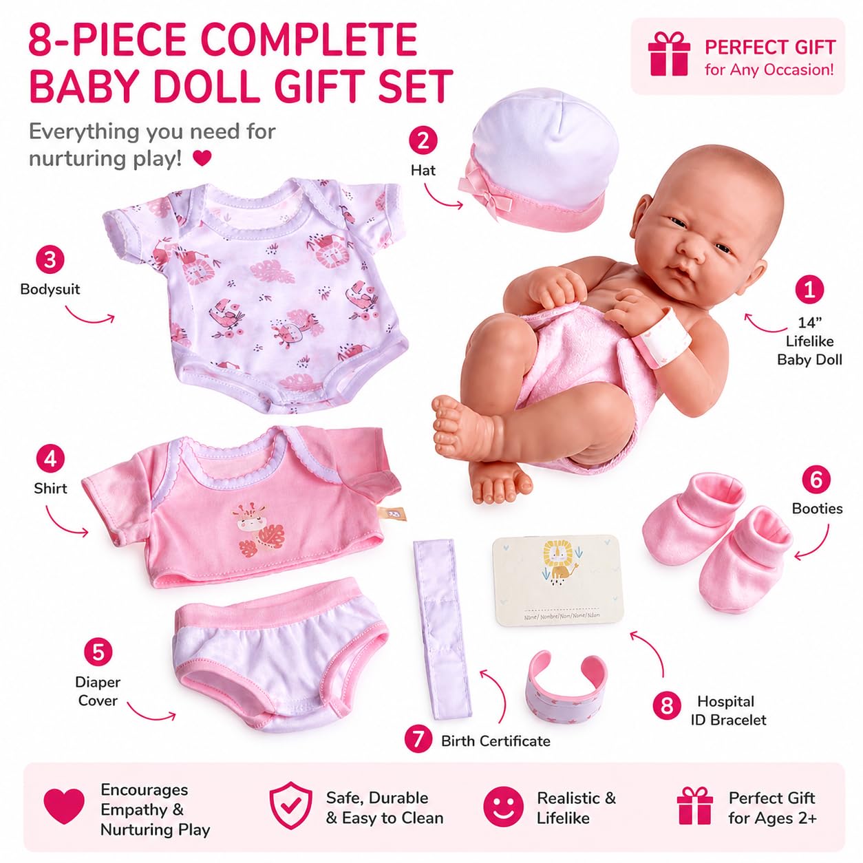 8 piece Layette Baby Doll Gift Set | JC Toys - La Newborn Nursery | 14" Life-Like Doll w/ Accessories | Pink | Ages 2+ — Amazon image 2