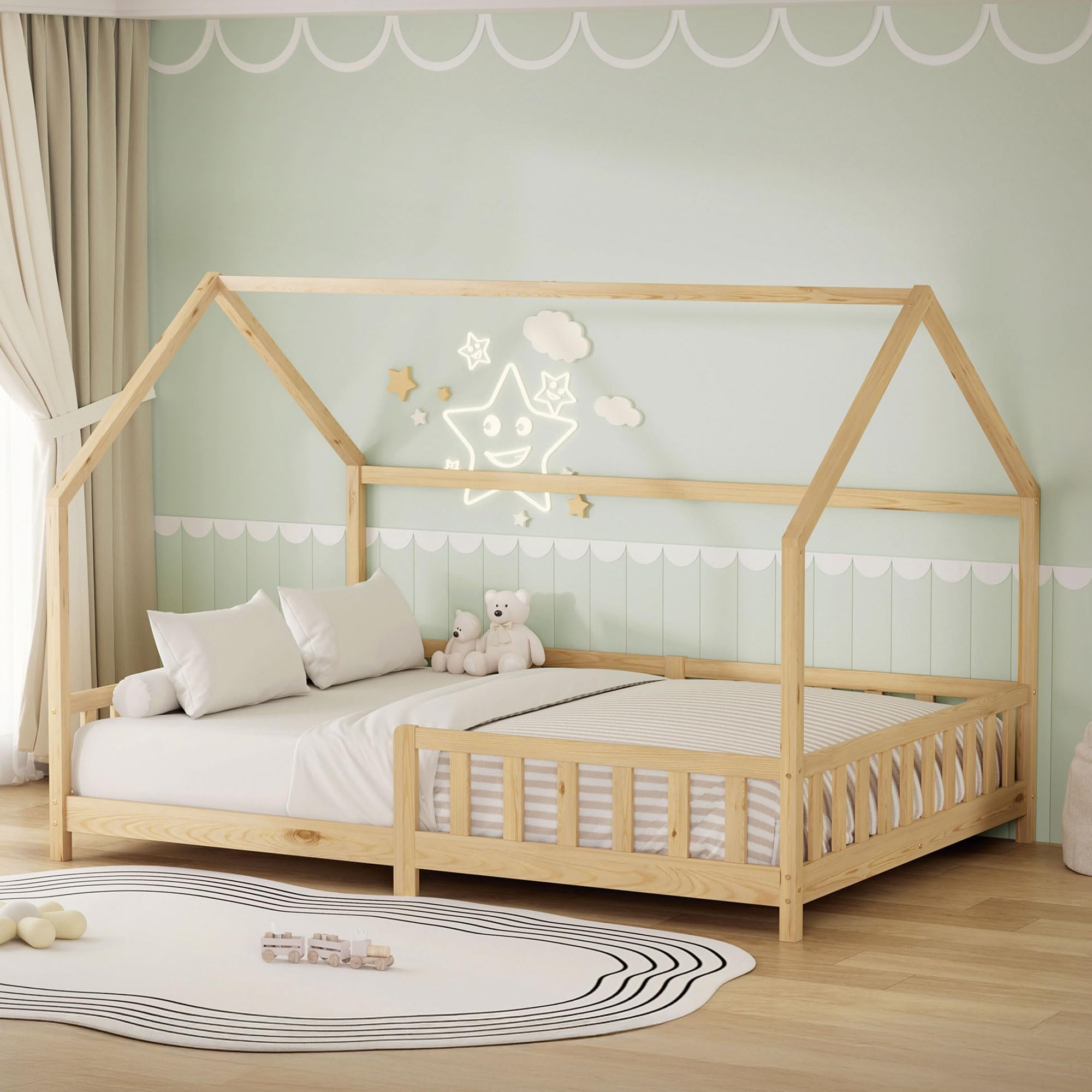 ML-Design Cama Infantil 140x200cm Natural, con Protección Anticaída, Techo y Somier, Estructura Listones de Madera de Maciza de Pino Lecho Doble Montessori Forma de Casa Mobiliario Juvenil, para Niños