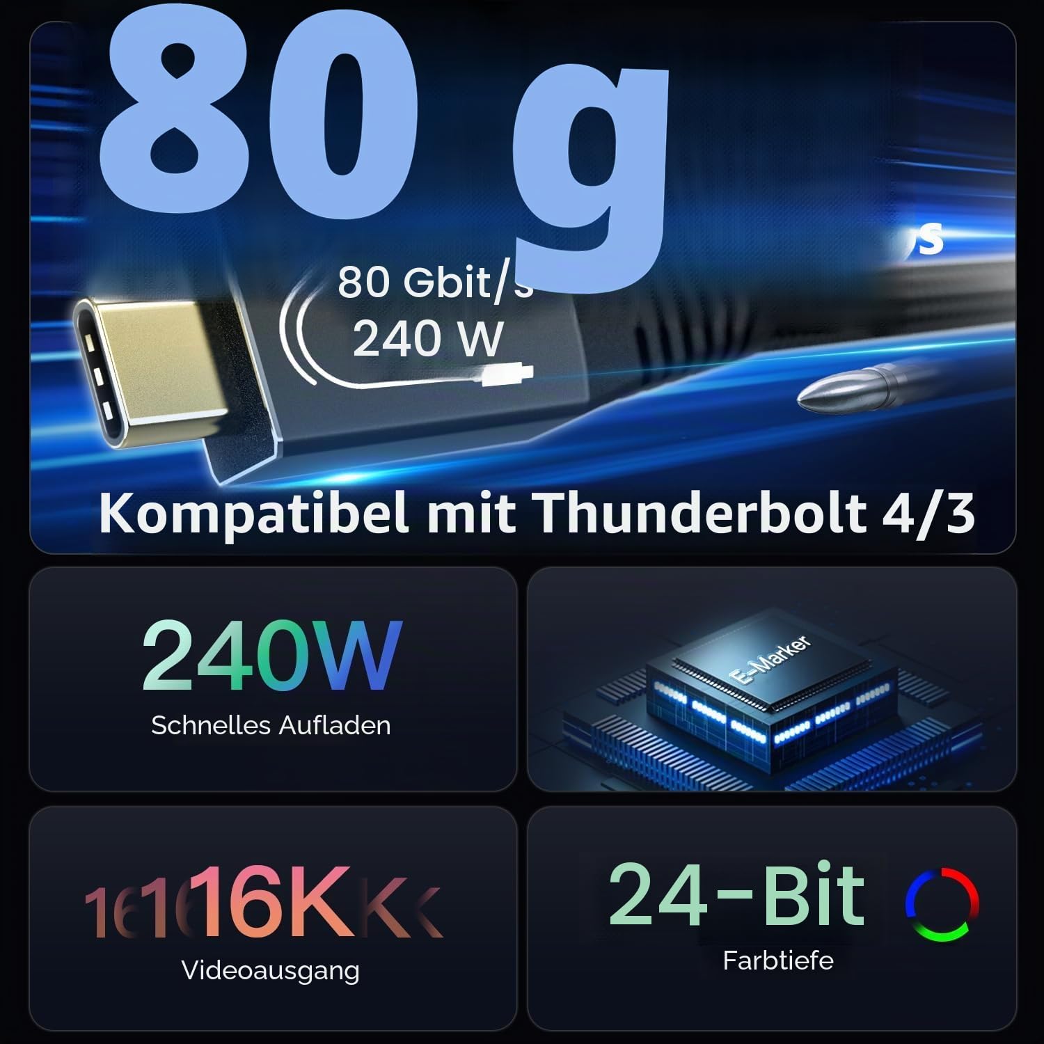 CAKOBLE Thunderbolt 5 kabel 3m,80Gbps Datenkabel, 16K/ 8K Videoübertragung,240W Ladekabel USB5 Kompatibel mit Thunderbolt 4,Thunderbolt 3 USB 4 für Hub,Dock,M3,SSD,eGPU,Laptops,Display,Monitor