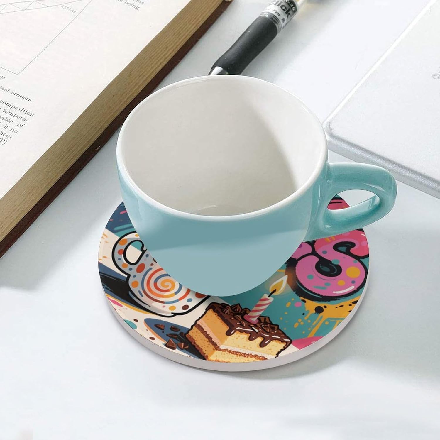 6PCS Doodle Style Coffee Cake Coasters Non-Slip Round Drink Coasters with Ceramic Stone and Cork Base, Heat Resistant Absorbent 33.00Stone Coaster Set for Kinds of Mugs and Cups, 4 Inch