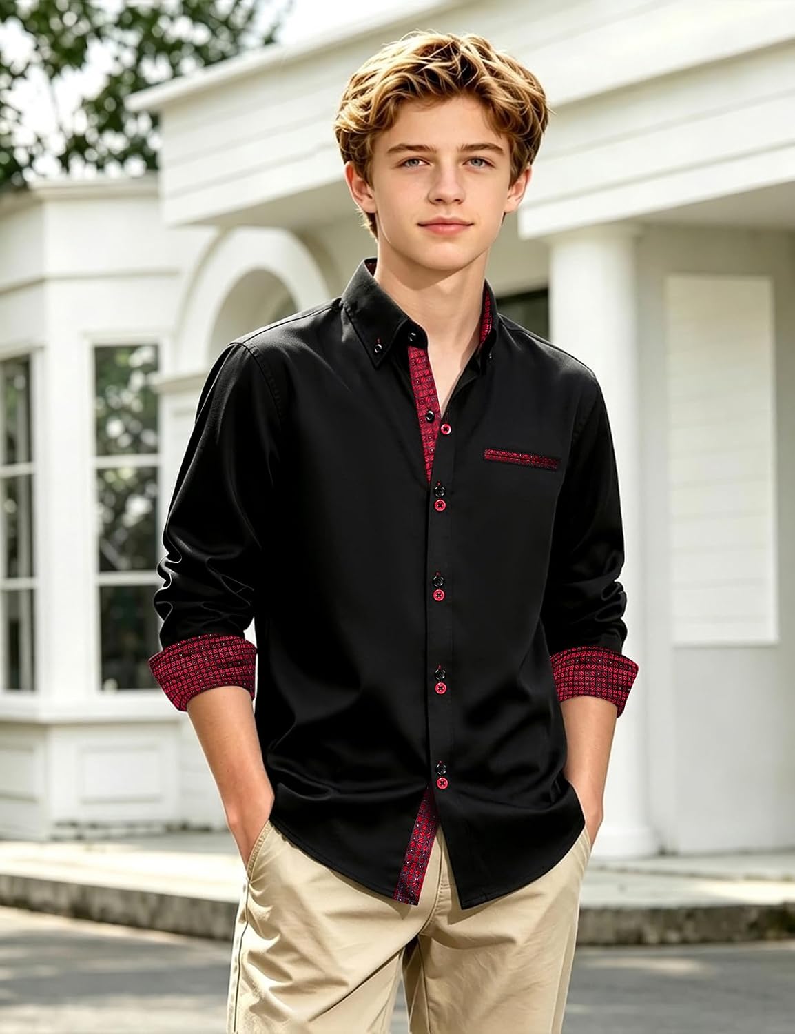 DiBanGu Boys Long Sleeve Dress Shirts Button Up Wrinkle Free Collared Shirt
