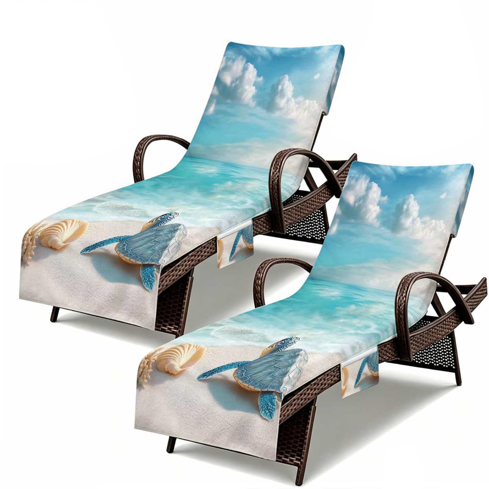 Set di 2 Telo Lettino Mare con Tasche Laterali (Conchiglia beige,210x74cm)