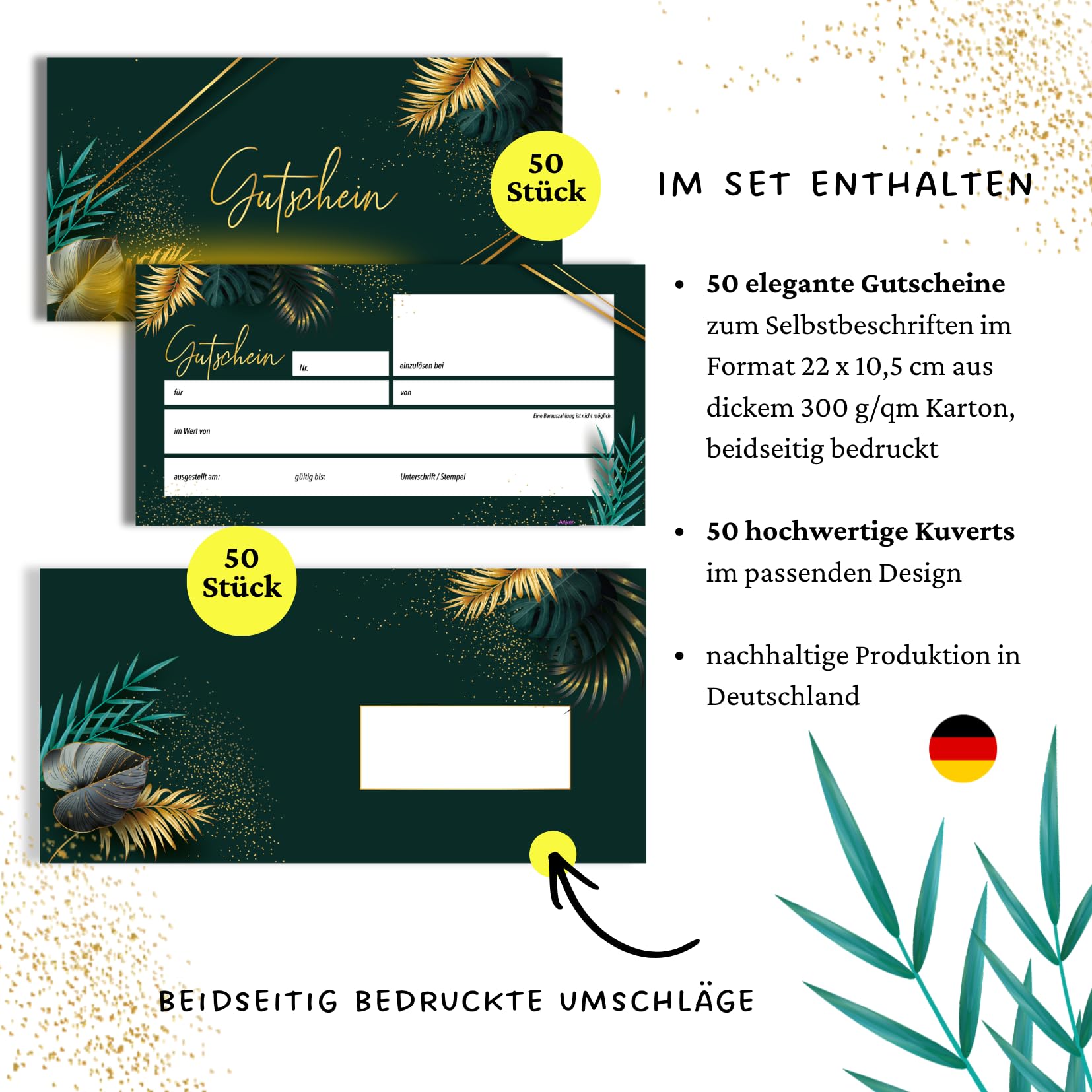 heaven+paper 50 Blanko Gutscheine mit Umschlägen zum Ausfüllen Geschenkgutschein für Restaurant, Massage, Nagelstudio, Friseur, Beauty, Einzelhandel, B2C (Jungle)