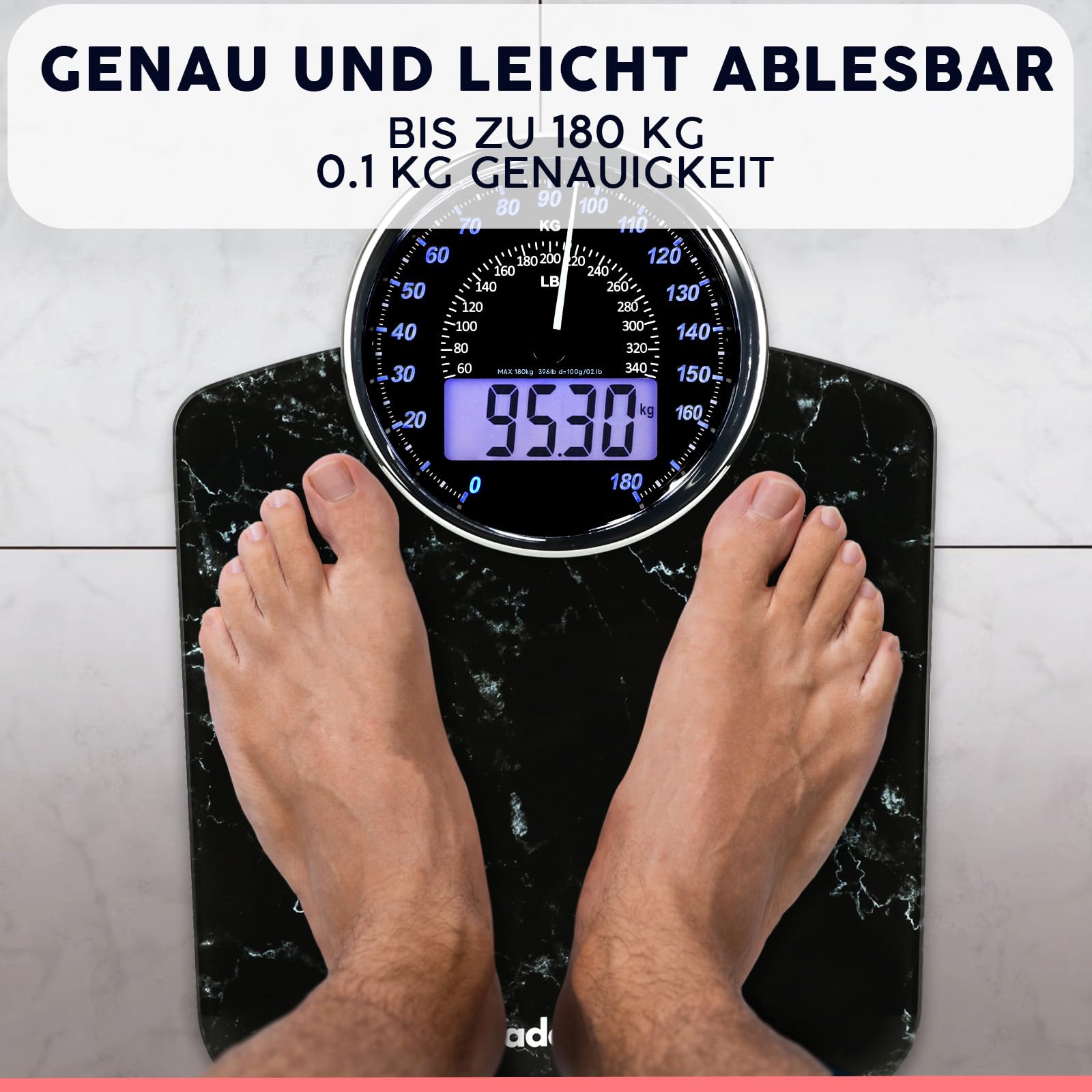 Hybrid Personenwaage - Analog & Digital, Präzise bis 180 kg | Gewicht auf Analogzifferblatt und LCD ablesen. Breite Glasplattform, 3 AAA Batterien inklusive, sofort einsatzbereit.
