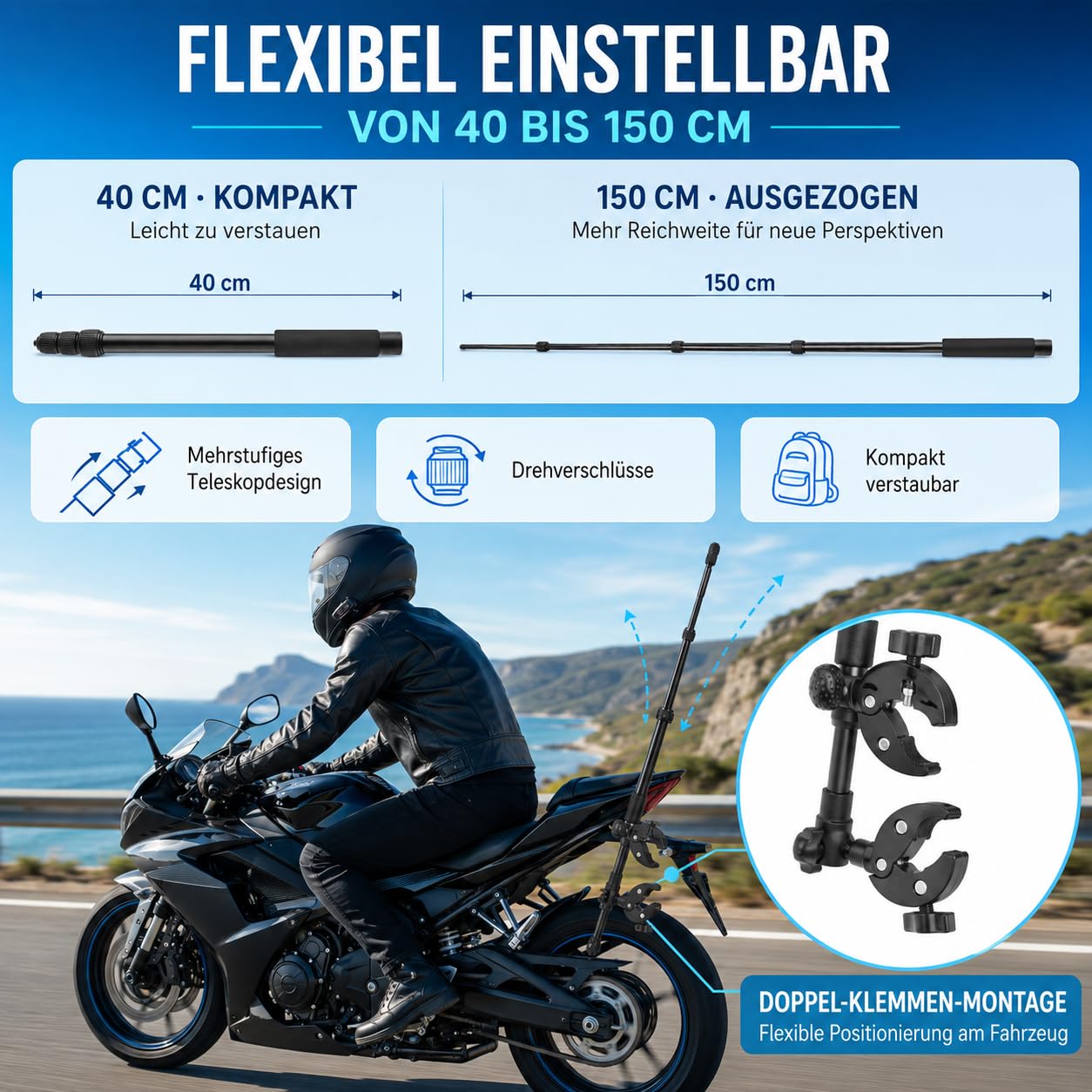 Motorrad-Halterung für Insta360 X5/X4/X3, 150 cm unsichtbarer Selfie-Stick | Doppelstütz-Klemmset mit 4 gepolsterten Rohrklemmen, 2 Verbindungsarmen und 40–150 cm Teleskop-Selfie-Stick.