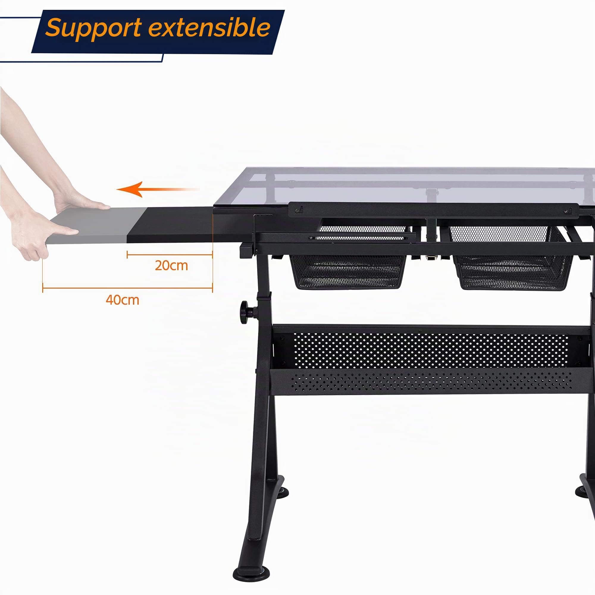 Abician Table à Dessin Inclinable en Verre avec Tabouret Bureau à Dessin Réglable en Hauteur et 2 Tiroirs de Rangement pour Adulte, Noir