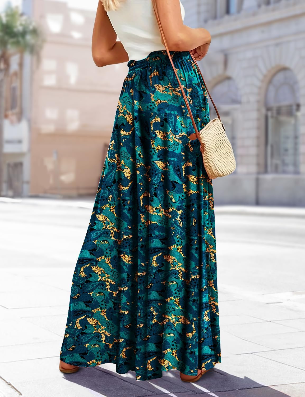 YESNO Women Wide Leg Pants High Waisted Floral Boho Palazzo Culottes Casual Flowy Tie Knot Trousers with Pockets PPS