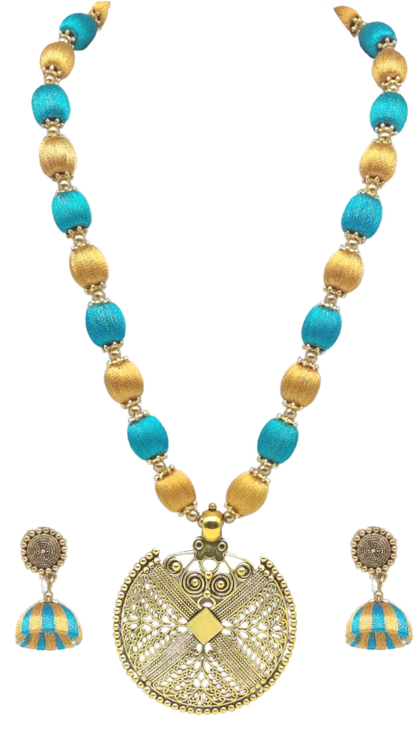 MDS FASHIONS Double Color Silk Thread Beads with Antique Net Chakkra Necklace and Earrings set for Beautiful Women (MDS-1073D) (Gold-PeacockBlue) (B0CSPMJ4LC) Amazon Price History, Amazon Price Tracker