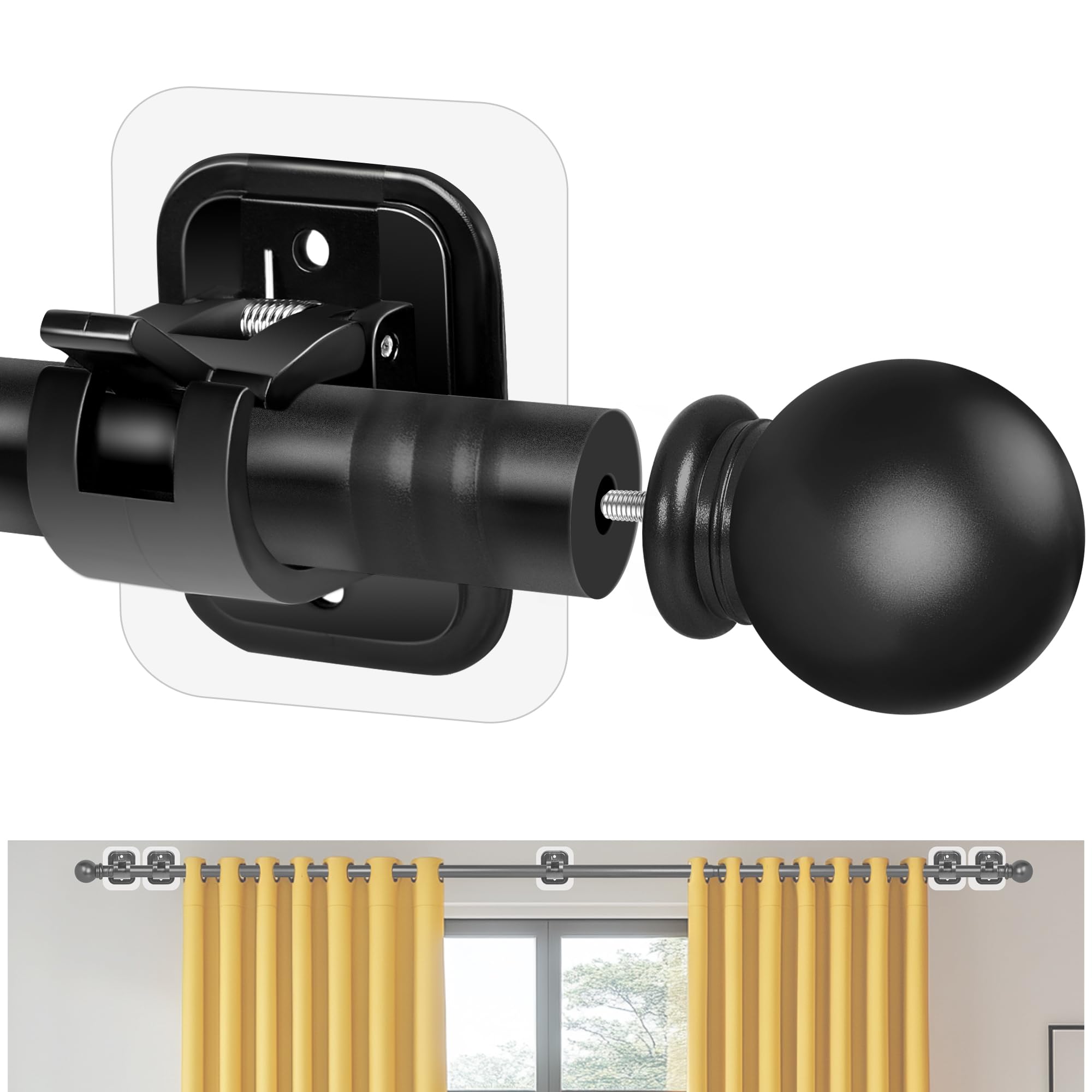 Edelstahl Curtain Rod Ohne Bohren 77-151 cm Für Schlafzimmer und Wohnzimmer Schwarz