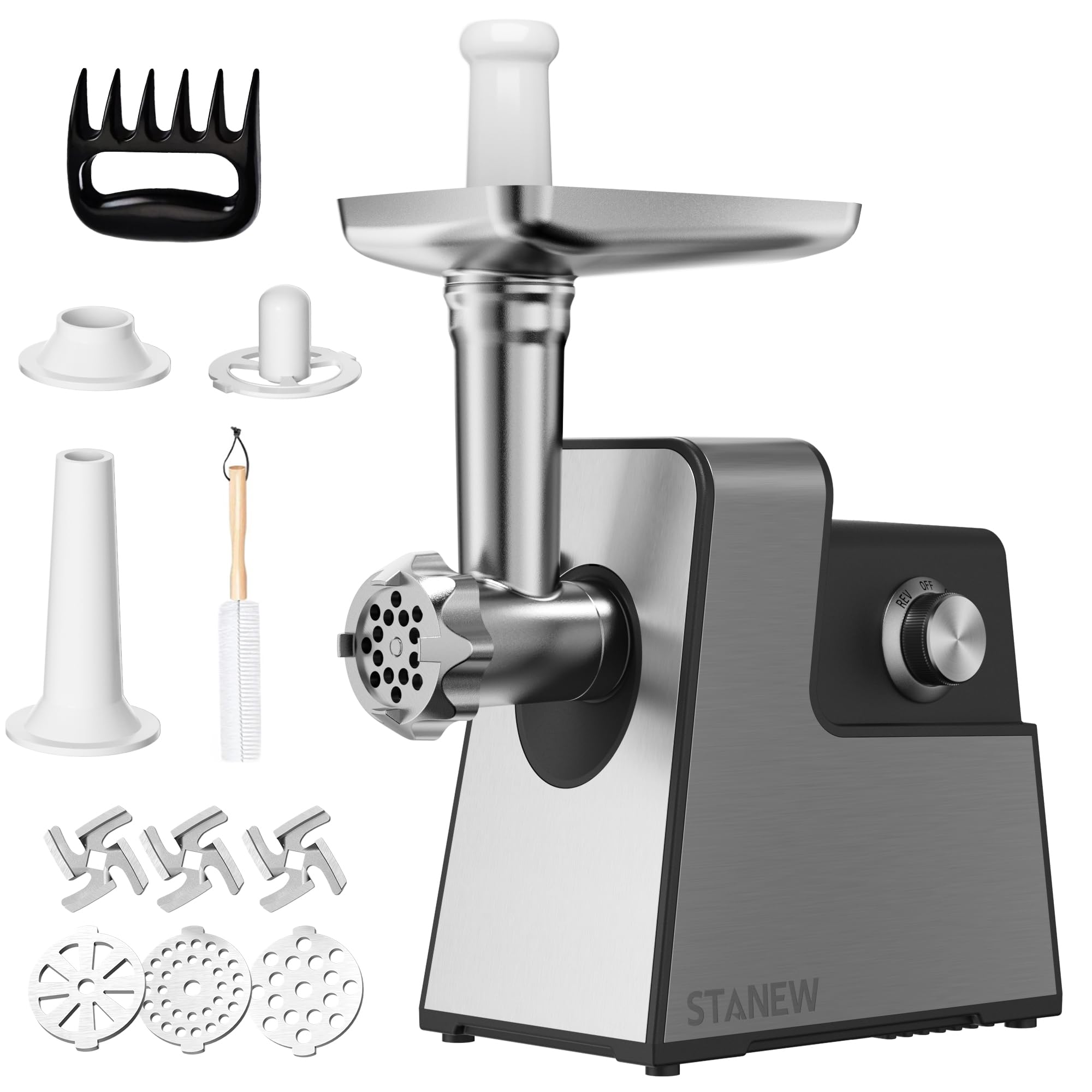 STANEW 3500 W tritacarne elettrico, 3 in 1, con 3 piastre in acciaio inox, Kubbe e 3 tubi per farcire per salsicce, capacità 3,5 kg/min,3 lame, Propower motore in rame