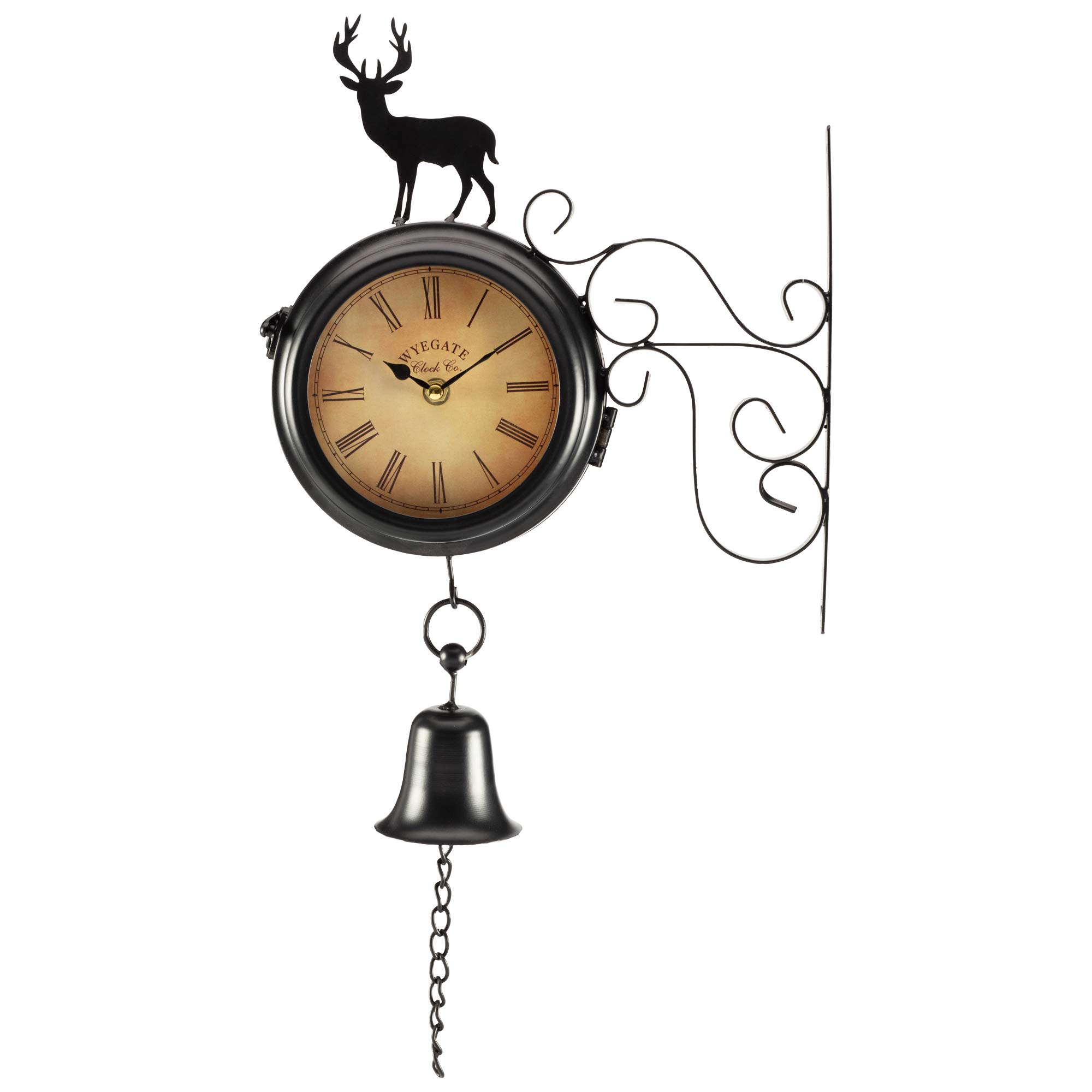 Wyegate Stag Garden Wall Mounted Clock Outdoor Dual Sided 2 In 1 Thermometer Weather Station (Stag)