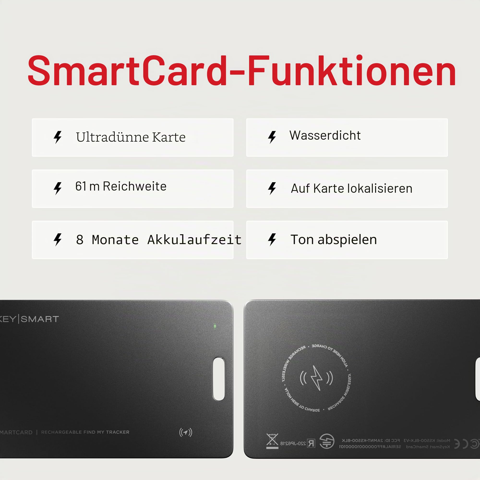 KeySmart SmartCard (Gen 2) MFi-zertifizierte Wallet-Tracker-Karte, kompatibel mit Apple Find My, wiederaufladbar, ultradünn, Bluetooth-Tracking, mit Schlüsselring-Loch, 1er-Pack