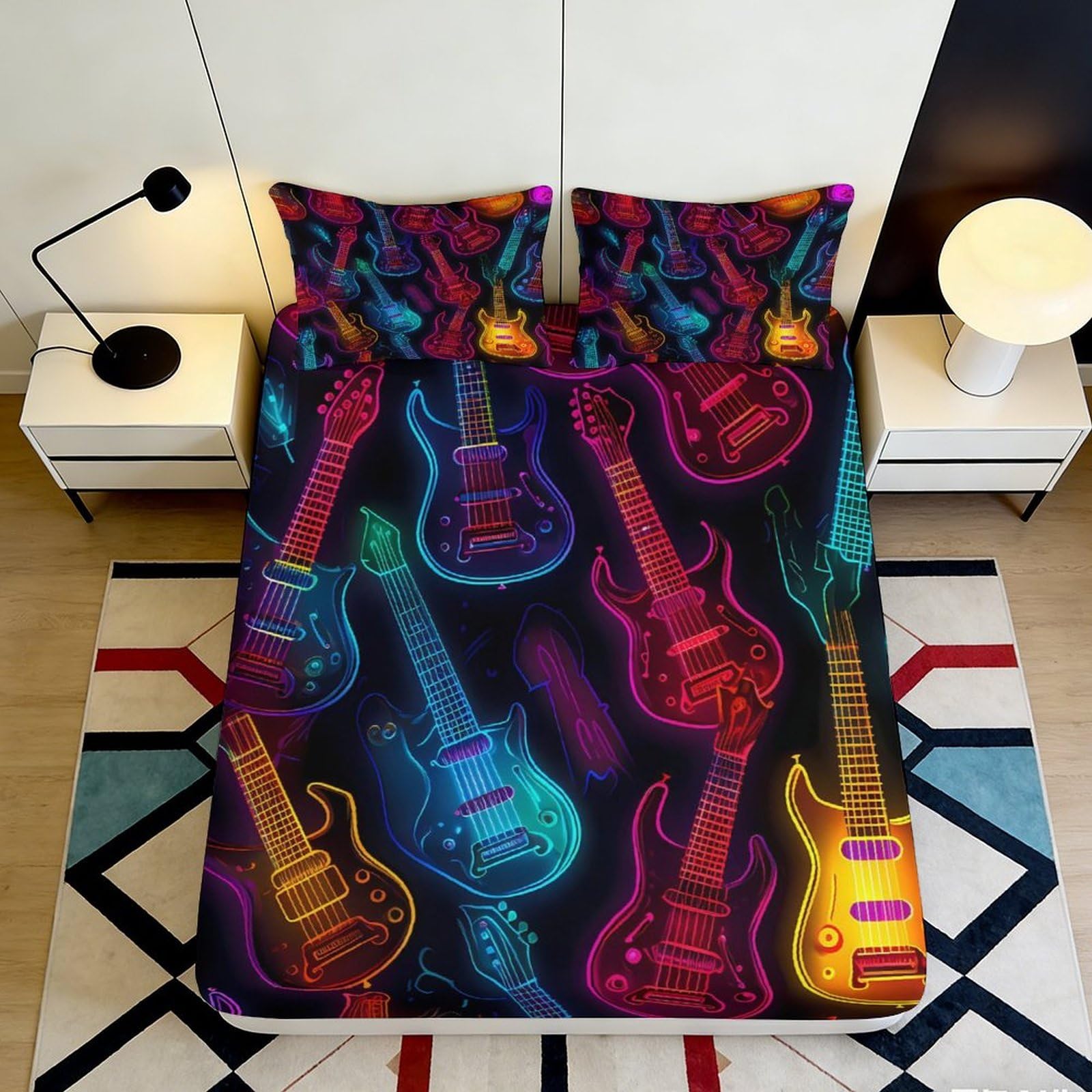 Jqzkxnhpbr Style-5 3D Printed Neon Electric Guitar Fitted Sheet Microfiber Vibrant Bed Sheet For Bedroom Dorm Mattress Cover 90X200x25cm