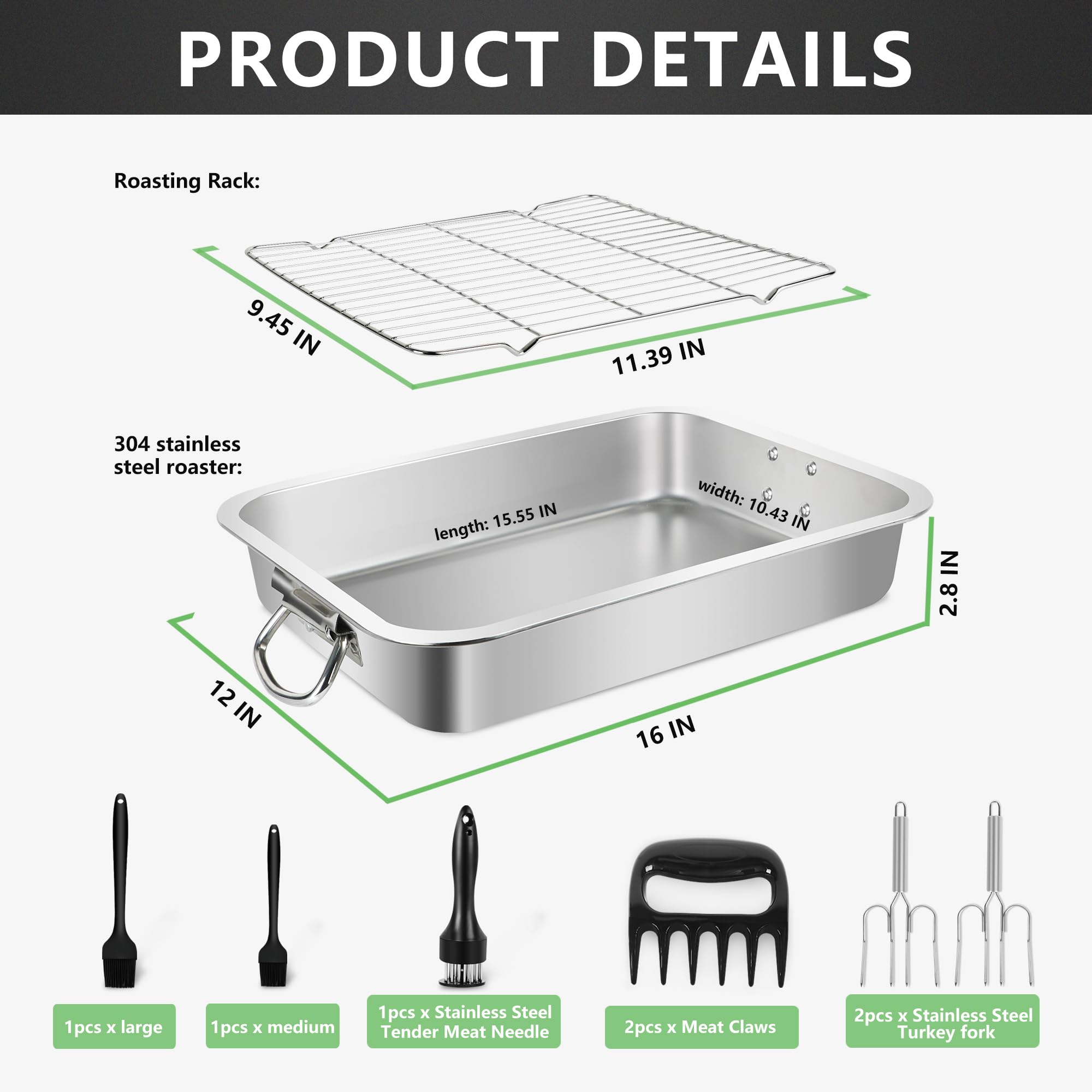 Stainless Steel Turkey Roasting Pan,Heavy Duty Nonstick Surface Roaster Pan Rectangular Lasagna Cake Baking Pans with Rack,Meat Claws, Turkey Fork,Silicone Brush,Tender Meat Needle