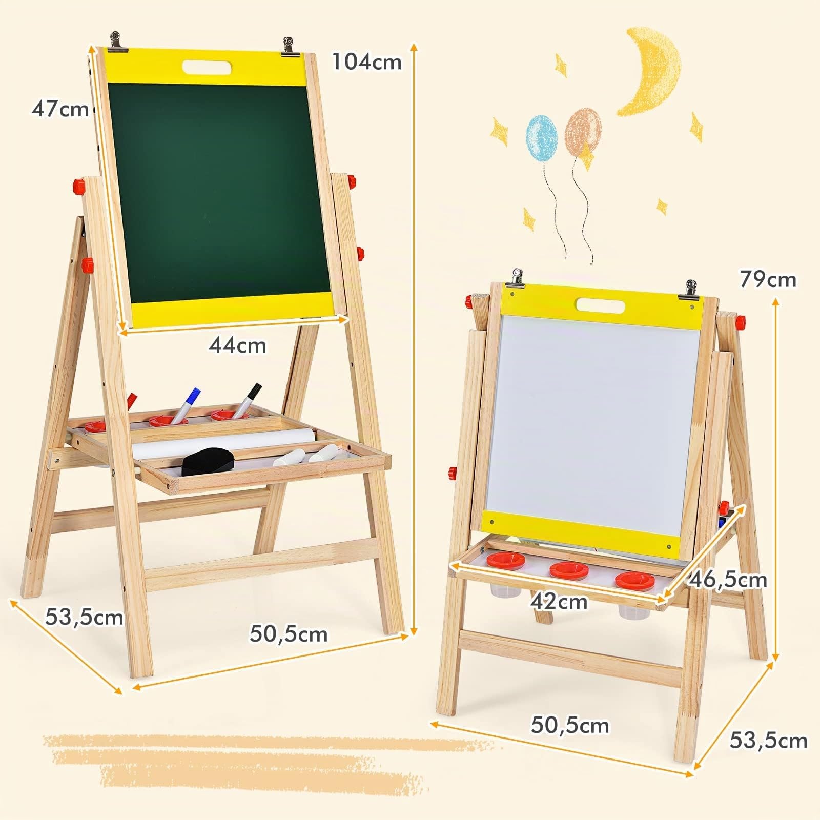 RELAX4LIFE Cavalletto Pittura per Bambini, Lavagna a Doppio Lato in Legno, Altezza Regolabile in 5 Posizioni, con Gessetto, Penne/Gomma per Lavagna e Rotolo di Carta, 50,5x53,5x79-104 cm (Giallo)