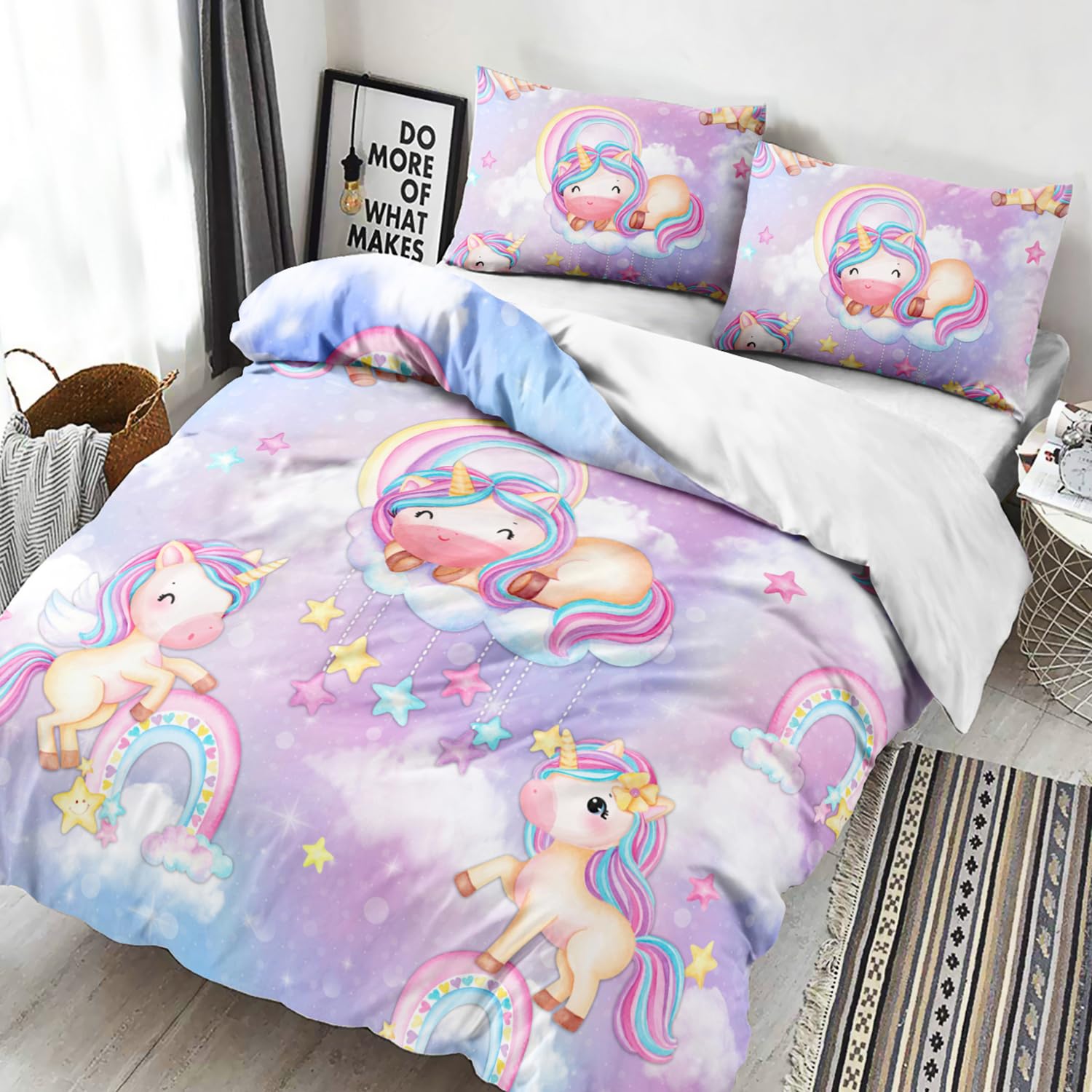 3D Gedruckt Einhorn Bettwäsche, Bunte Bettwäsche Set Geeignet für Kinder/Mädchen/Erwachsene bettwäsche 135 * 200cm,80 * 80cm*1 EFBTTAF057
