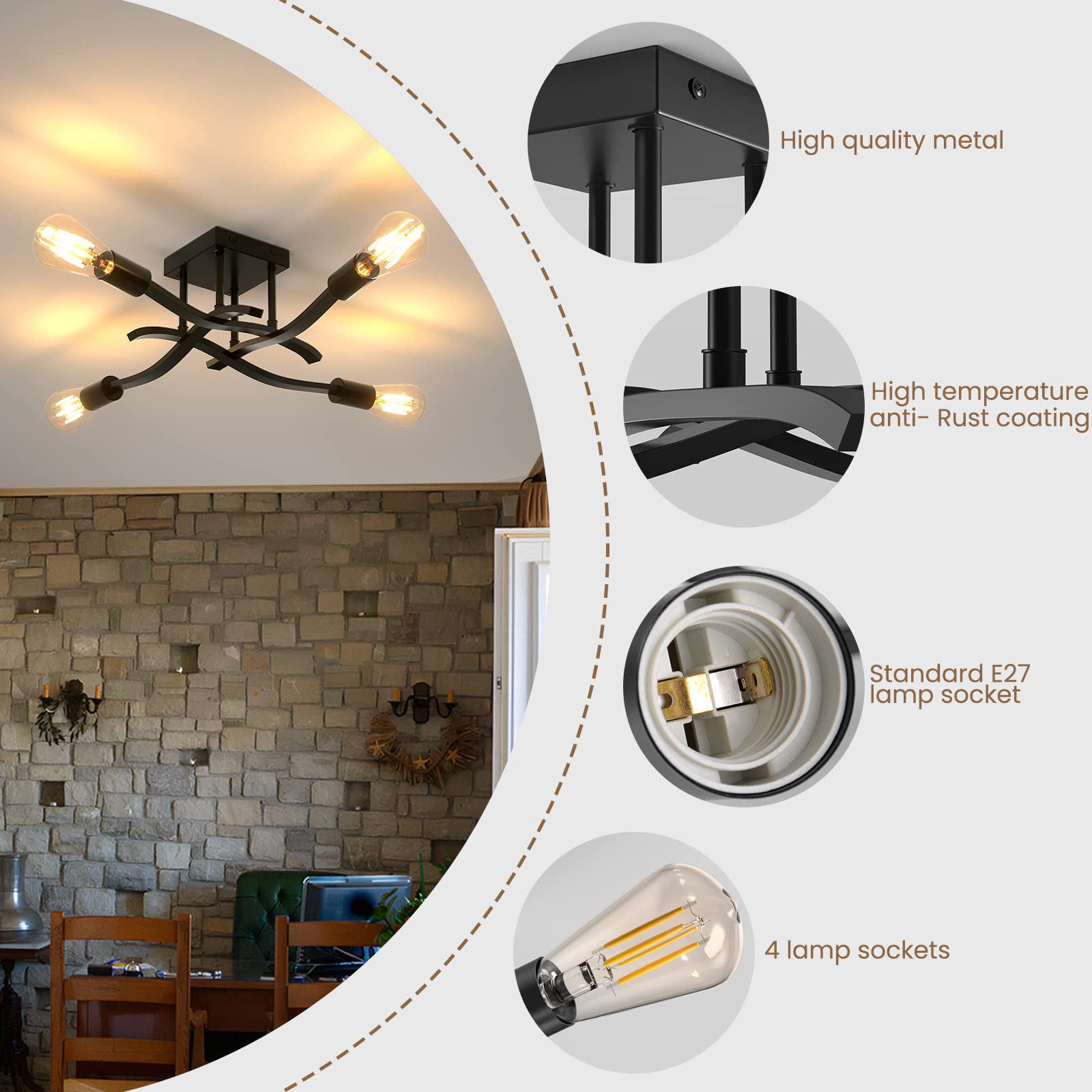 OTREN Lámpara de Techo Industriales Vintage, Plafon de Techo Retro, 4 Luz Lámparas de Araña para Dormitorio Salón Cocina, Negro, E27
