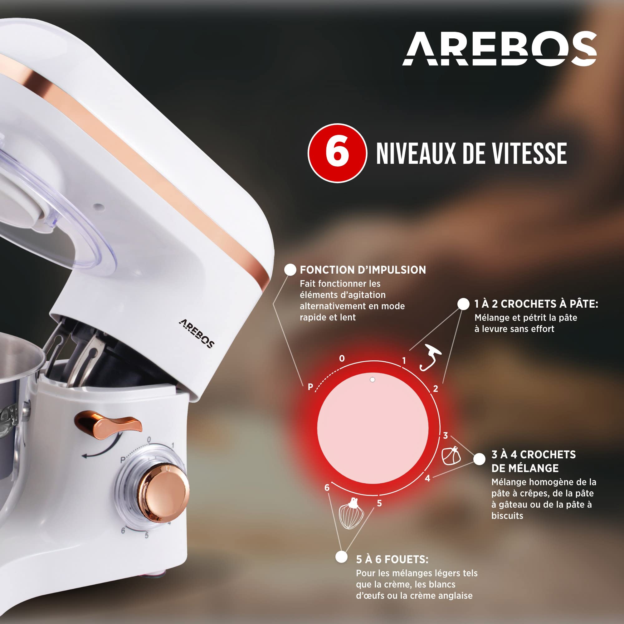 Arebos Robot Pâtissier Professionnel 1500W | Blanc | Robot de Cuisine Multifonction avec Fouet, Batteur, Crochet | Bol d'Acier Inoxydable 6 Litres | 6 Vitesses | Fonction Pulse