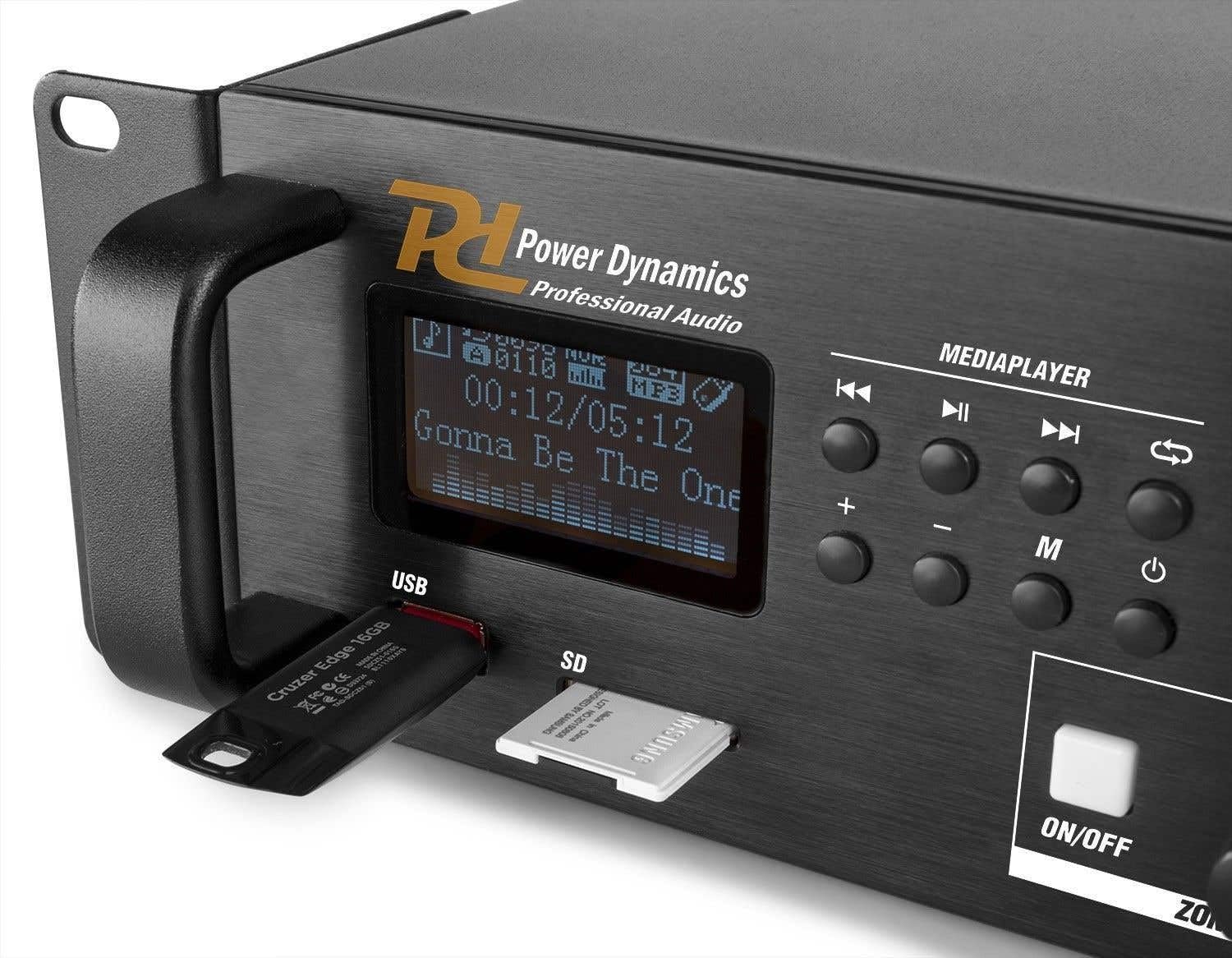 Power Dynamics PDV360MP3 Amplificateur Mixeur 100V 4 Zones - 360W, USB, SD, MP3, Bluetooth, Tuner FM, Canal Micro, Contact 24V pour Alarme Incendie, Idéal pour Tout Lieu à Sécuriser