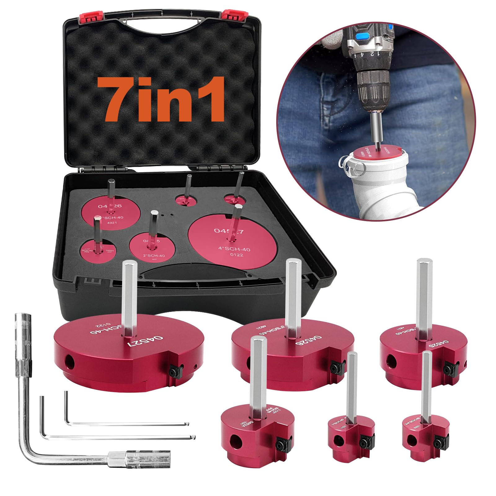 Kit de escariador de tubería de PVC de 6 piezas con una llave de enchufe, 0.75 pulgadas, 1 pulgada, 1.5 pulgadas, 2 pulgadas, 3 pu