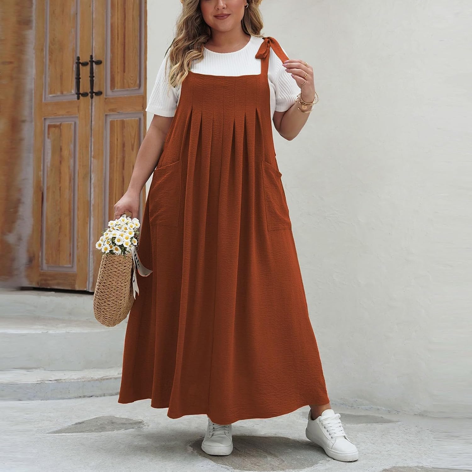 Women's Plus Size Overalls Dresses Loose Suspender Pinafore Maxi Dress Tie Shoulder Bib Sundress with Pockets