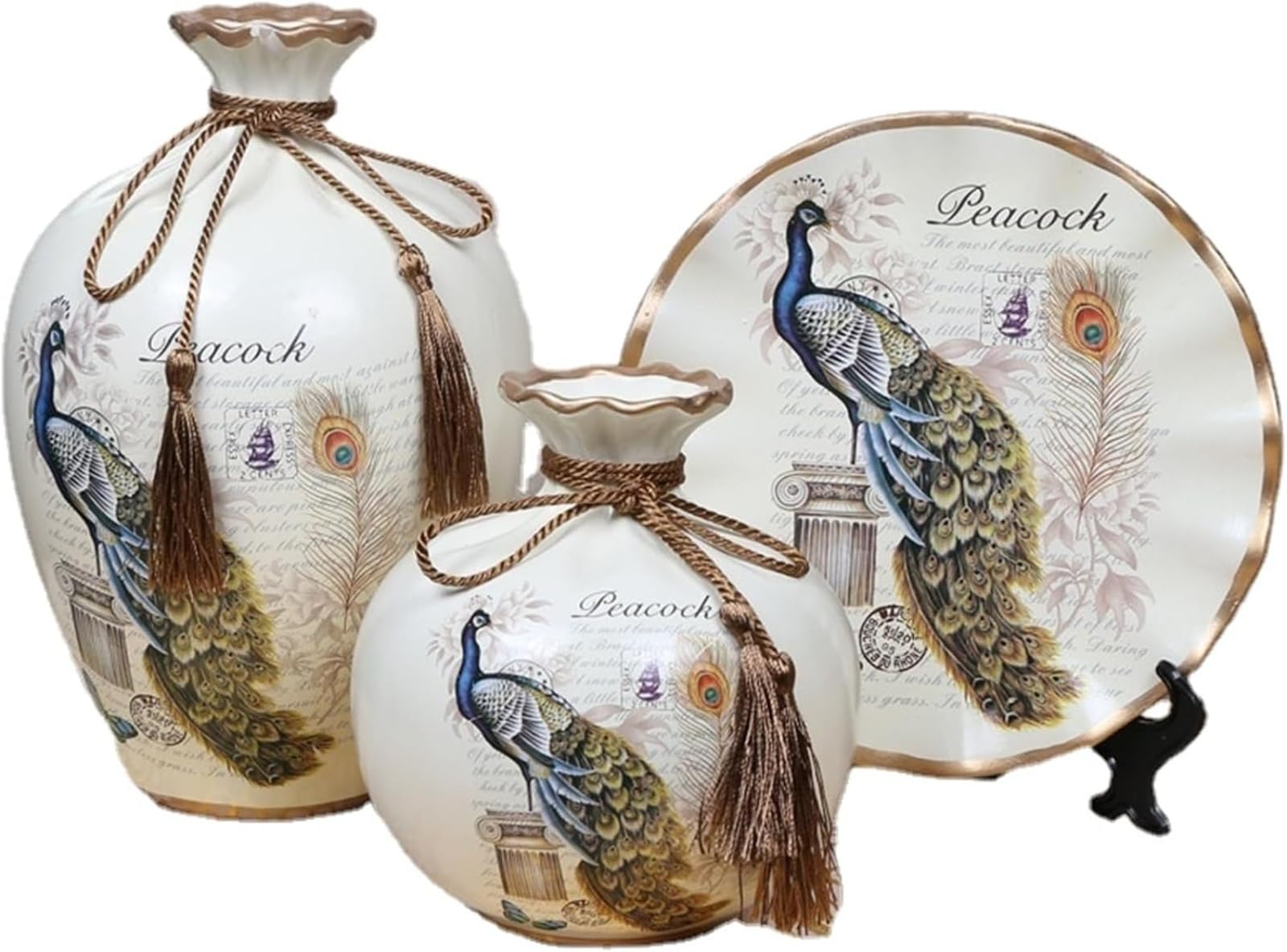 Europäisches Retro-Keramik Deko-Set mit Pfauenmotiv, 3-teilig mit Vasen und Teller, Vintage-Stil Wohnzimmer Dekoration