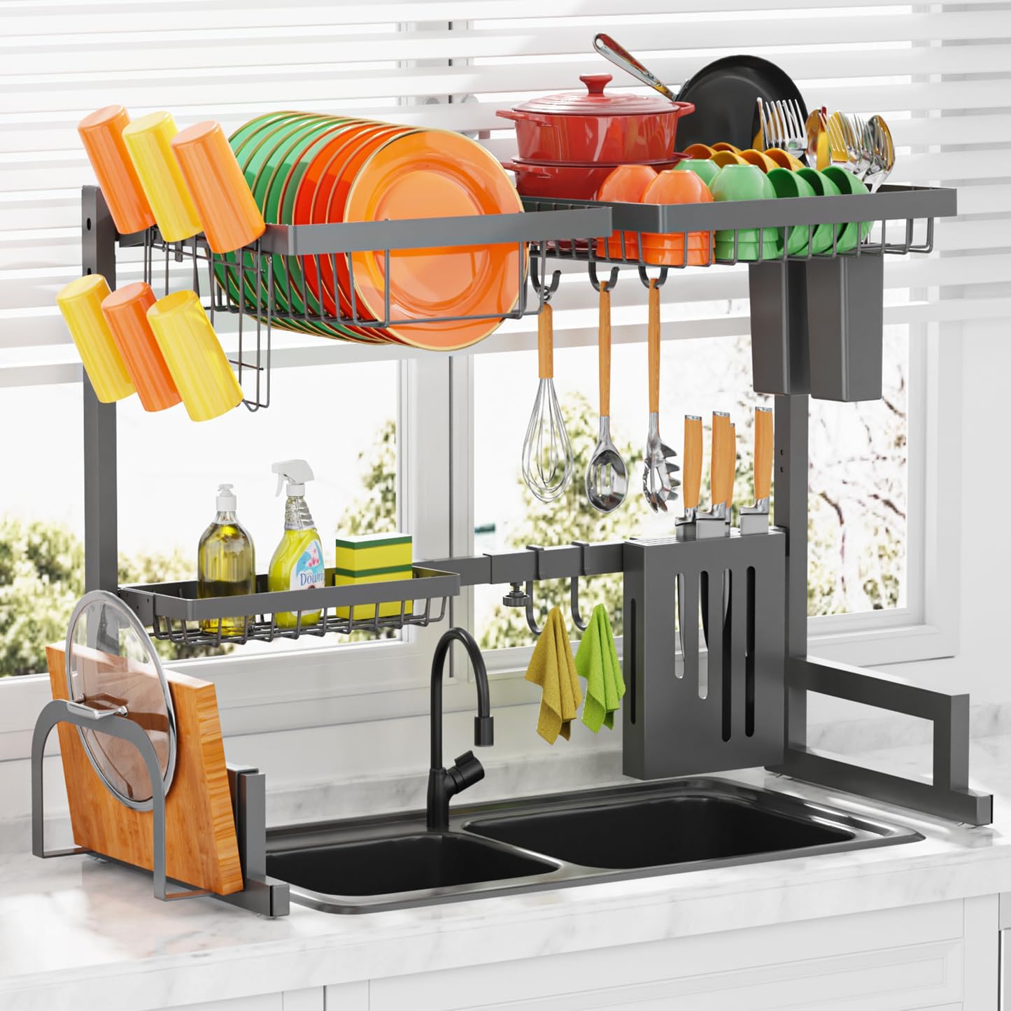 Gray Over The Sink Dish Drying Rack - Adjustable (29.5-35.5in) Stainless Steel Dish Rack for Kitchen Counter, Space-Saving, 2-Tier Dish Drying Rack