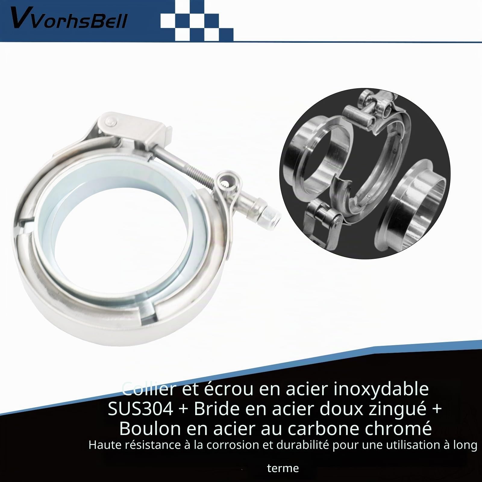Collier de serrage en acier inoxydable de 6,3 cm(2,5") à dégagement rapide en V - Collier de serrage turbo en acier inoxydable 304 avec bride mâle femelle - Compatible avec moteur diesel