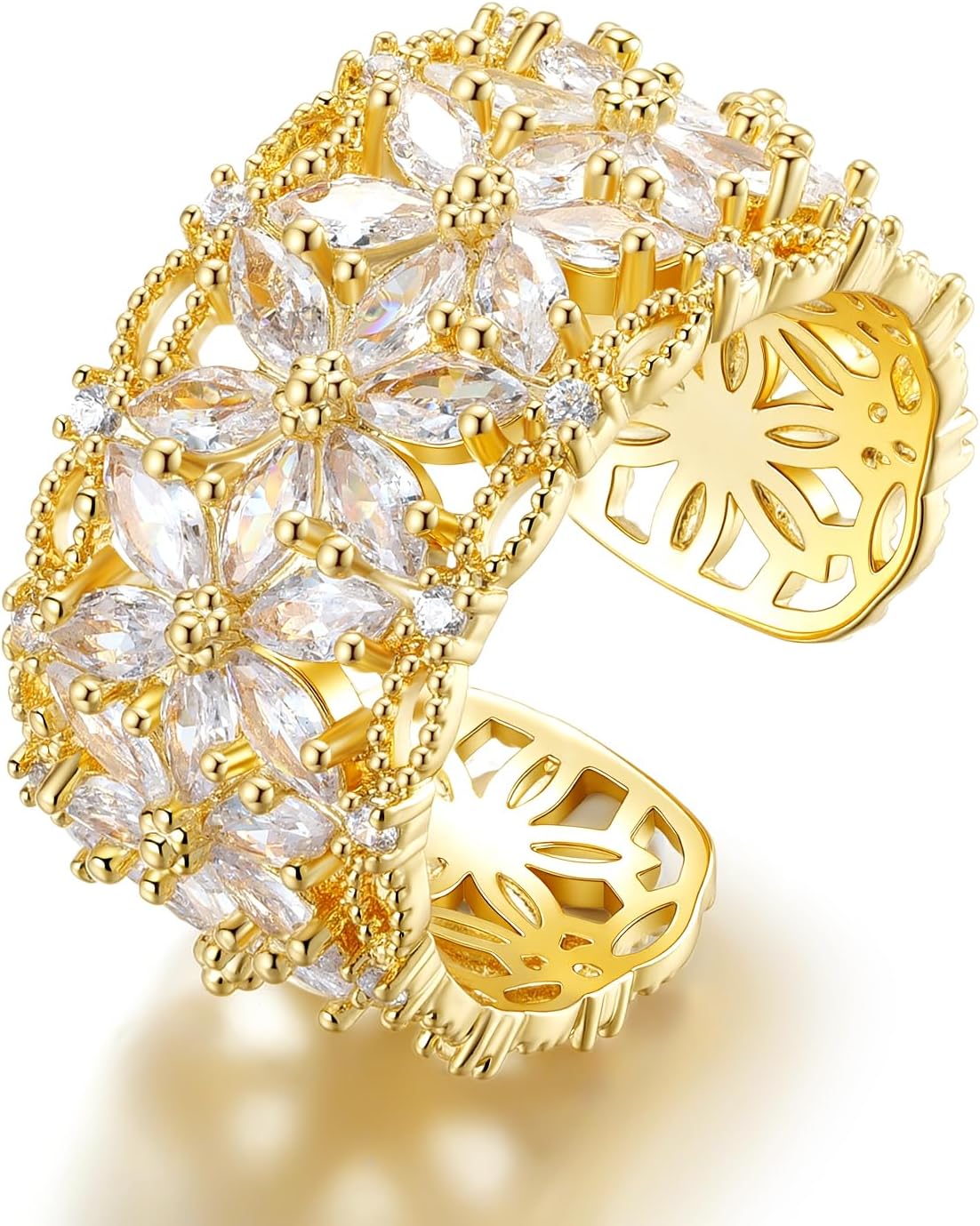 18K Gold Plated Red Flower Open Ring with Emerald for Charm Women, Fingertips Blooming